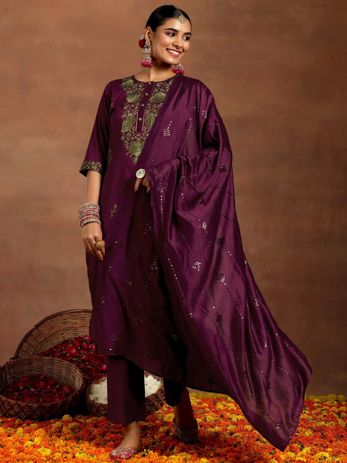 Anouk Burgundy Yoke Design Silk Blend Straight Suit With Dupatta