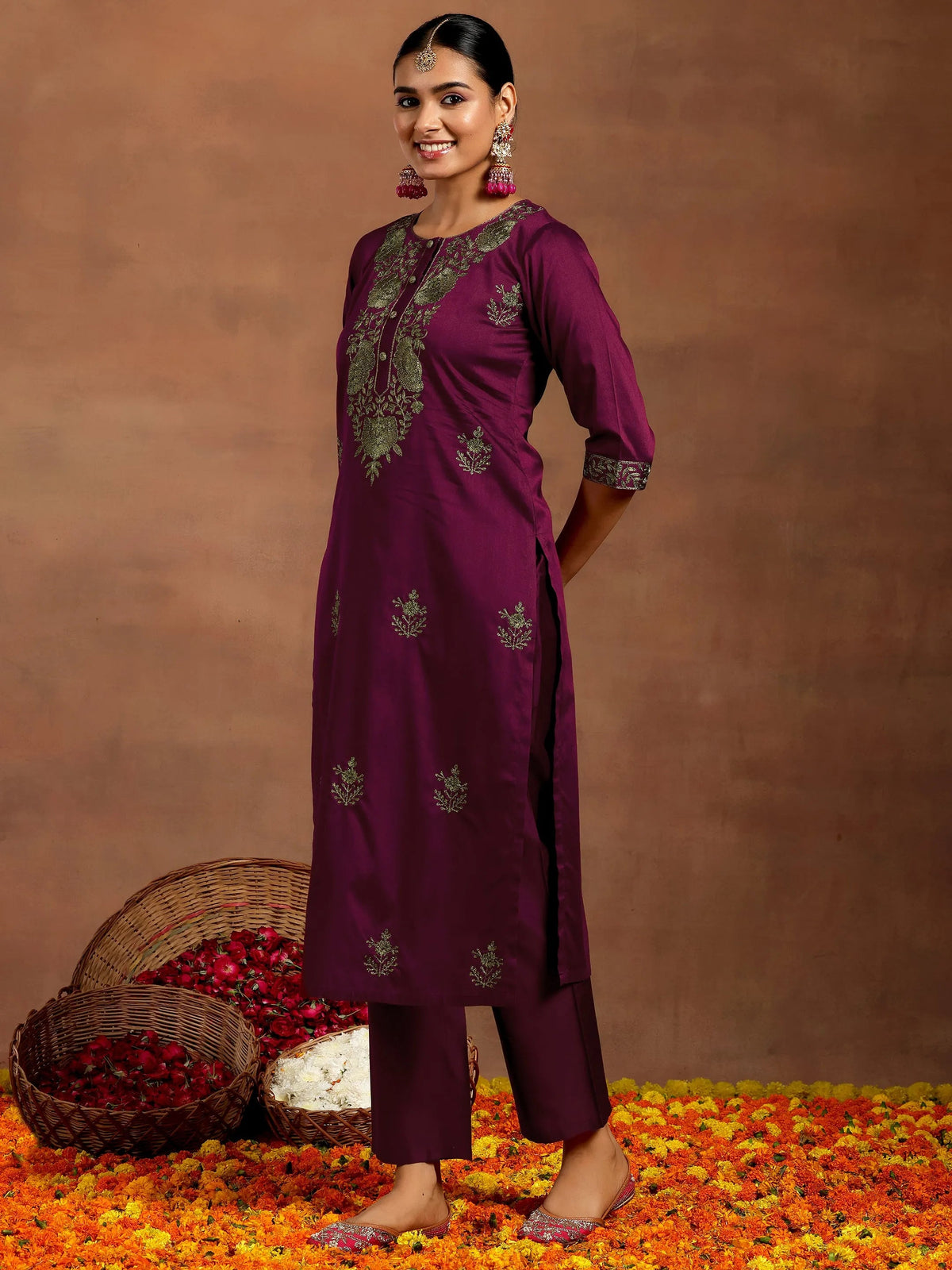 Anouk Burgundy Yoke Design Silk Blend Straight Suit With Dupatta