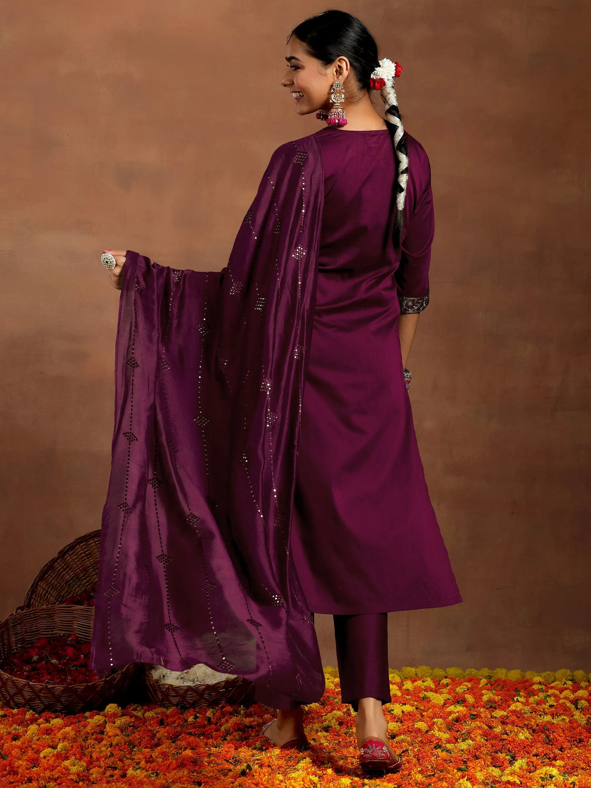 Anouk Burgundy Yoke Design Silk Blend Straight Suit With Dupatta