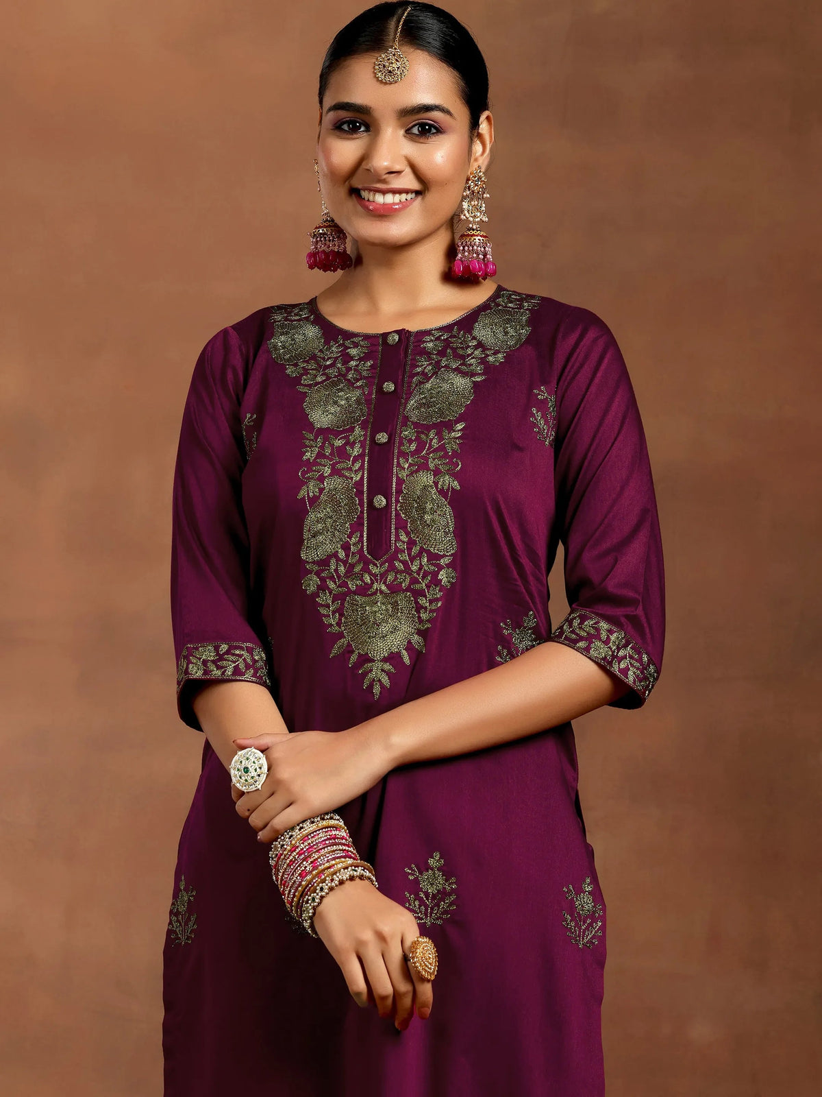 Anouk Burgundy Yoke Design Silk Blend Straight Suit With Dupatta