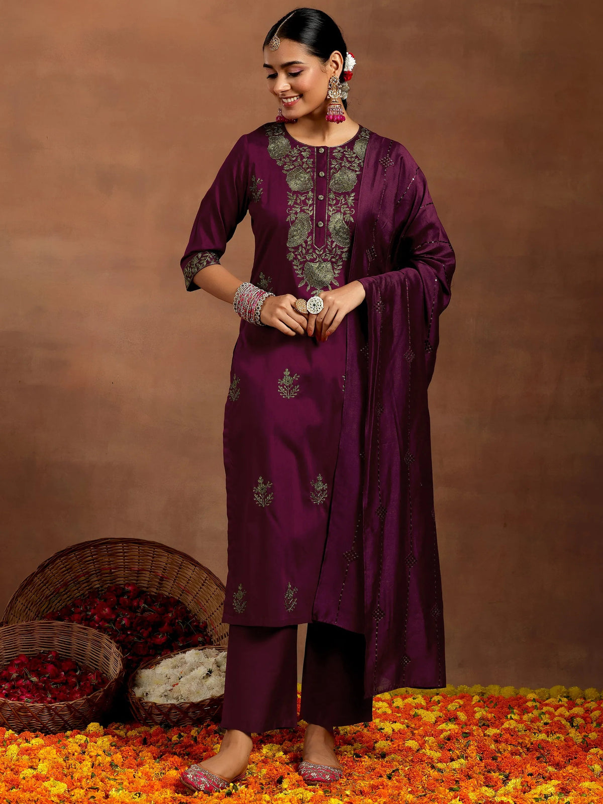 Anouk Burgundy Yoke Design Silk Blend Straight Suit With Dupatta