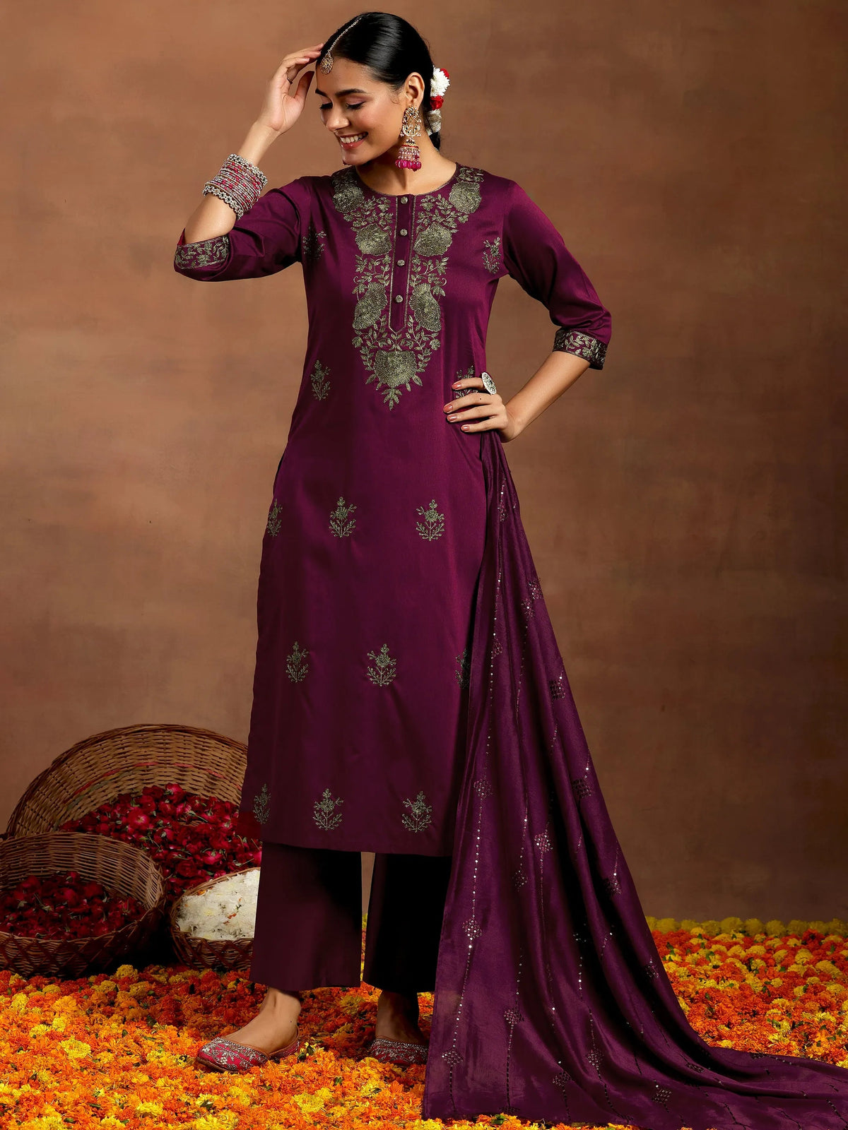 Anouk Burgundy Yoke Design Silk Blend Straight Suit With Dupatta