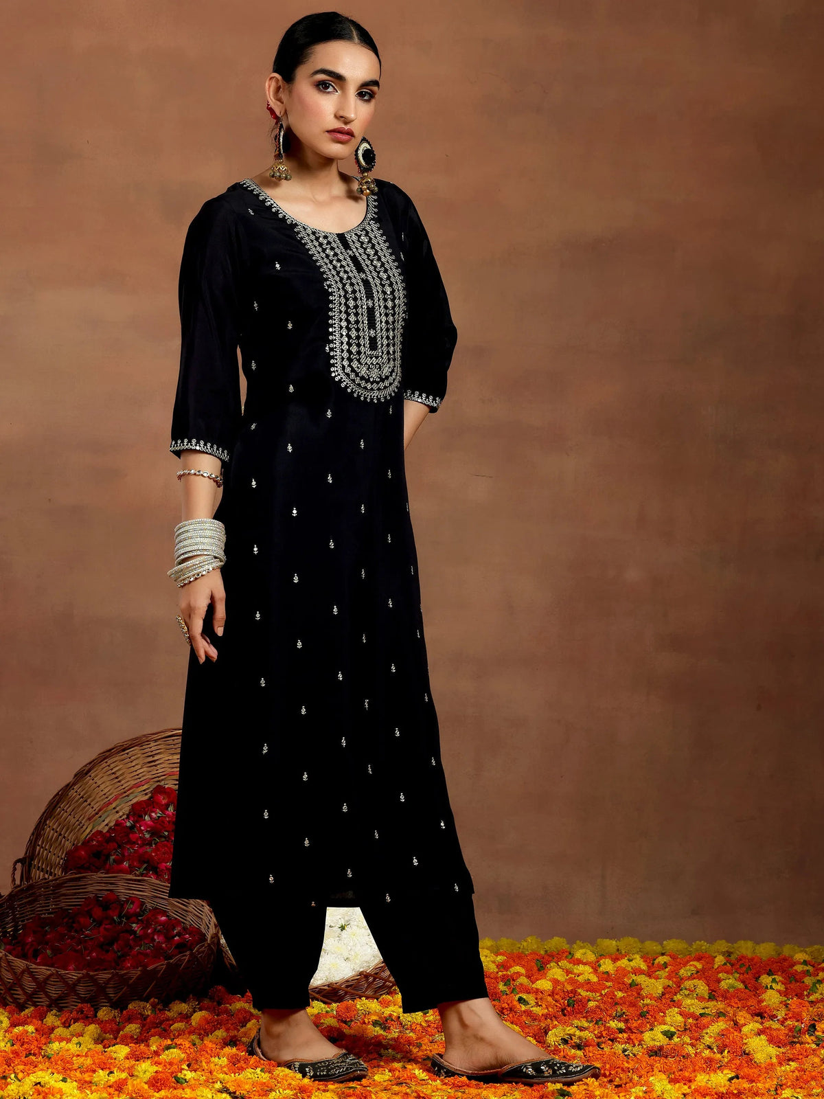 Anouk Black Embroidered Silk Blend Straight Suit With Dupatta