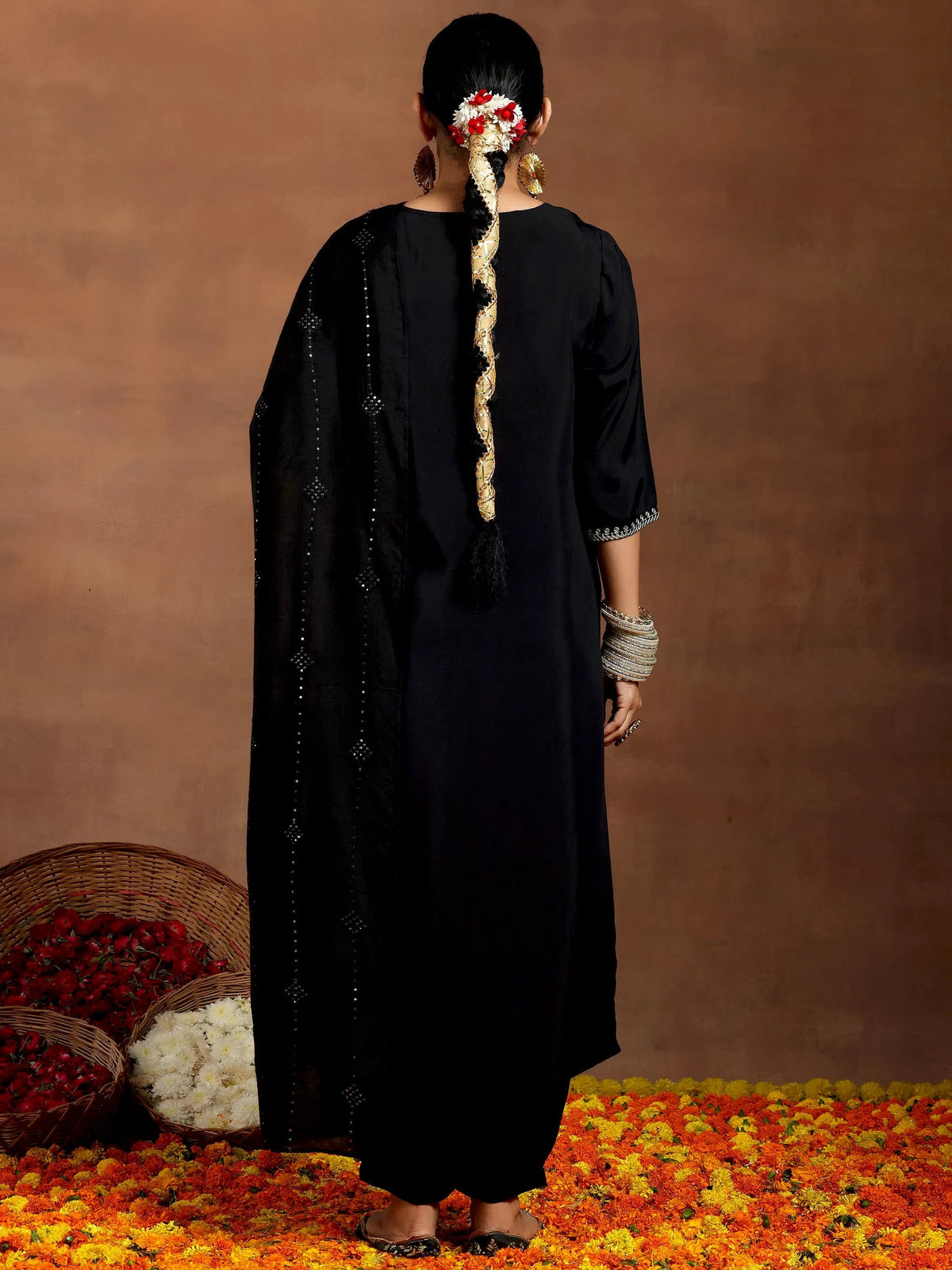 Anouk Black Embroidered Silk Blend Straight Suit With Dupatta
