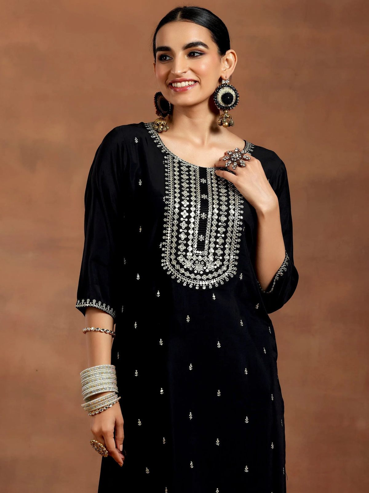 Anouk Black Embroidered Silk Blend Straight Suit With Dupatta