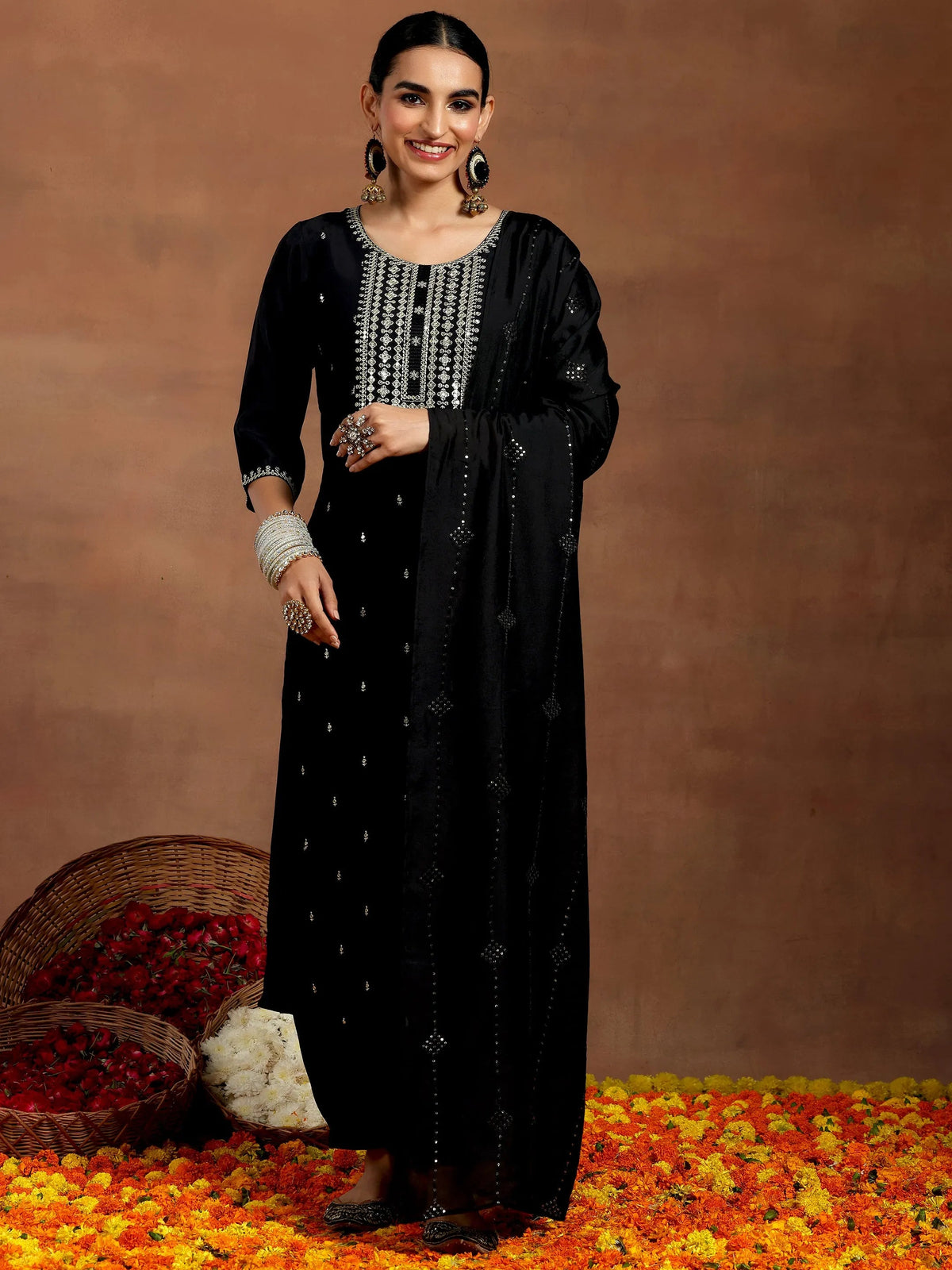Anouk Black Embroidered Silk Blend Straight Suit With Dupatta