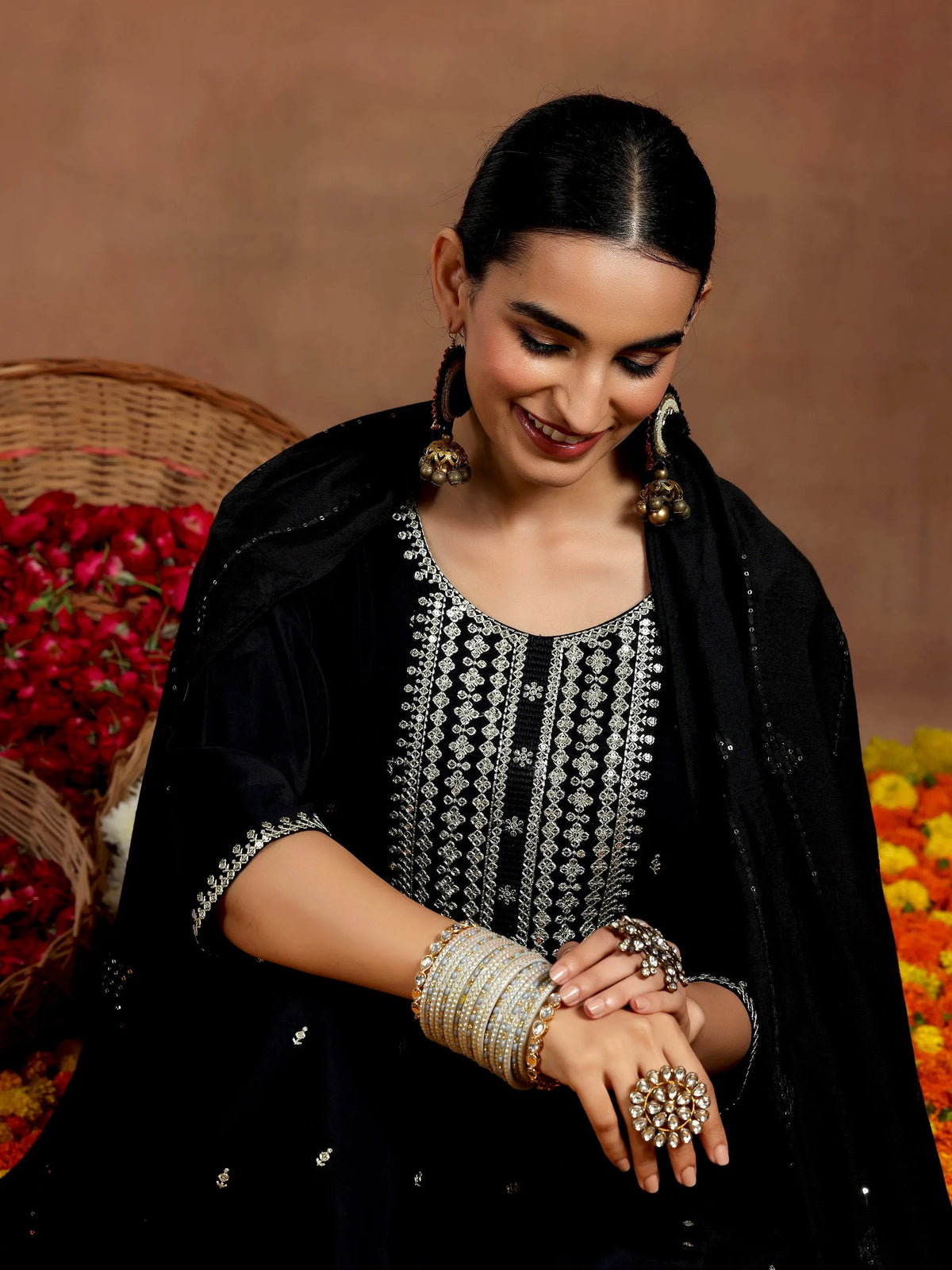 Anouk Black Embroidered Silk Blend Straight Suit With Dupatta