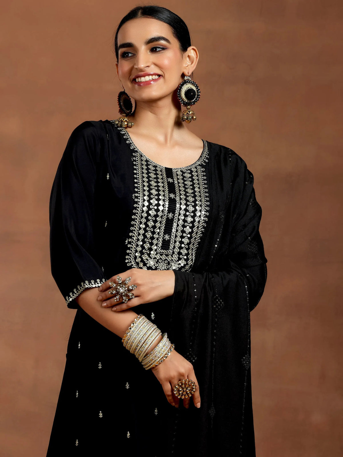 Anouk Black Embroidered Silk Blend Straight Suit With Dupatta