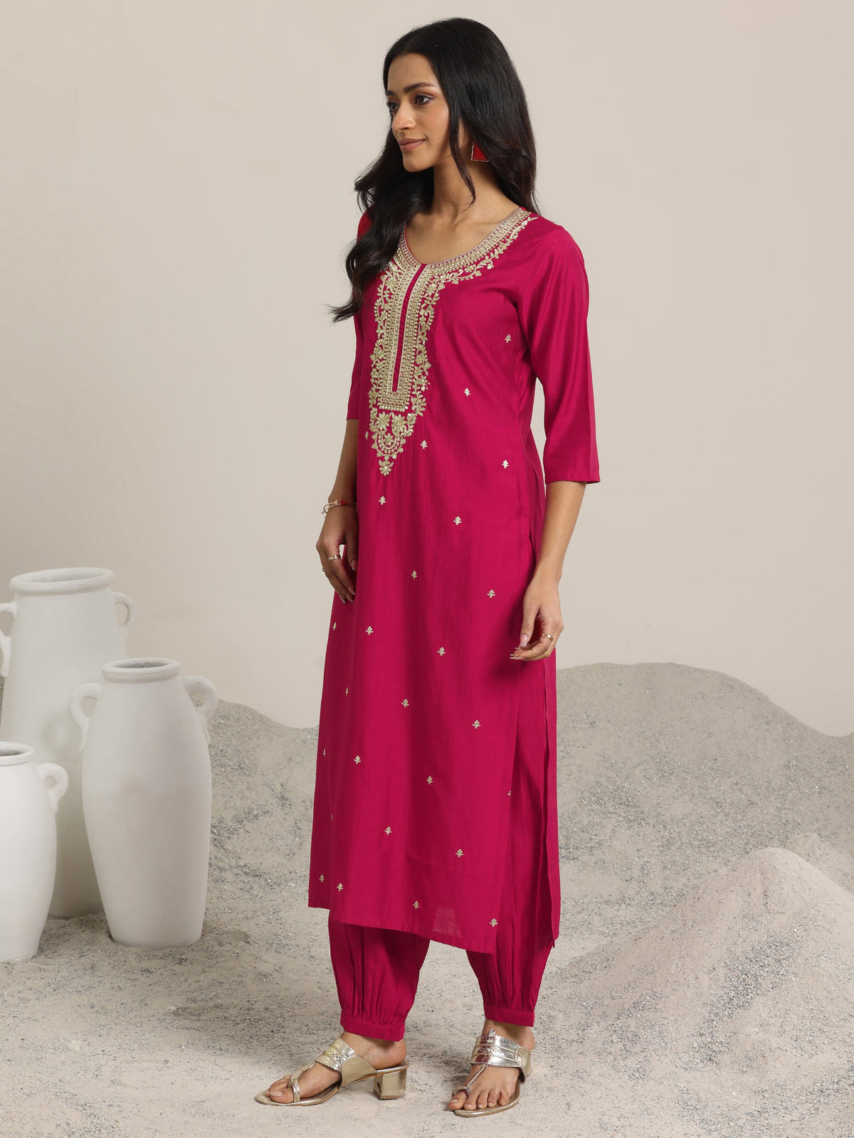 Anouk Pink Yoke Design Silk Blend Straight Suit With Dupatta
