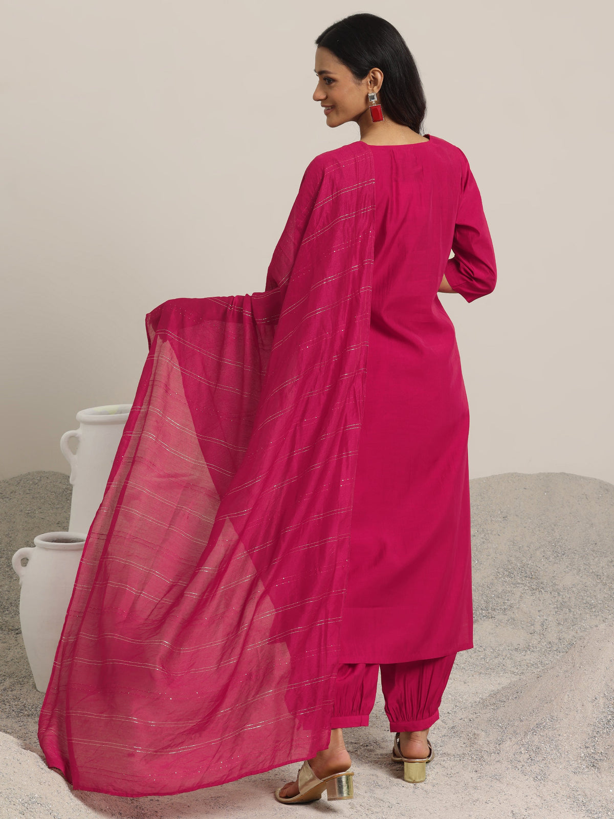 Anouk Pink Yoke Design Silk Blend Straight Suit With Dupatta