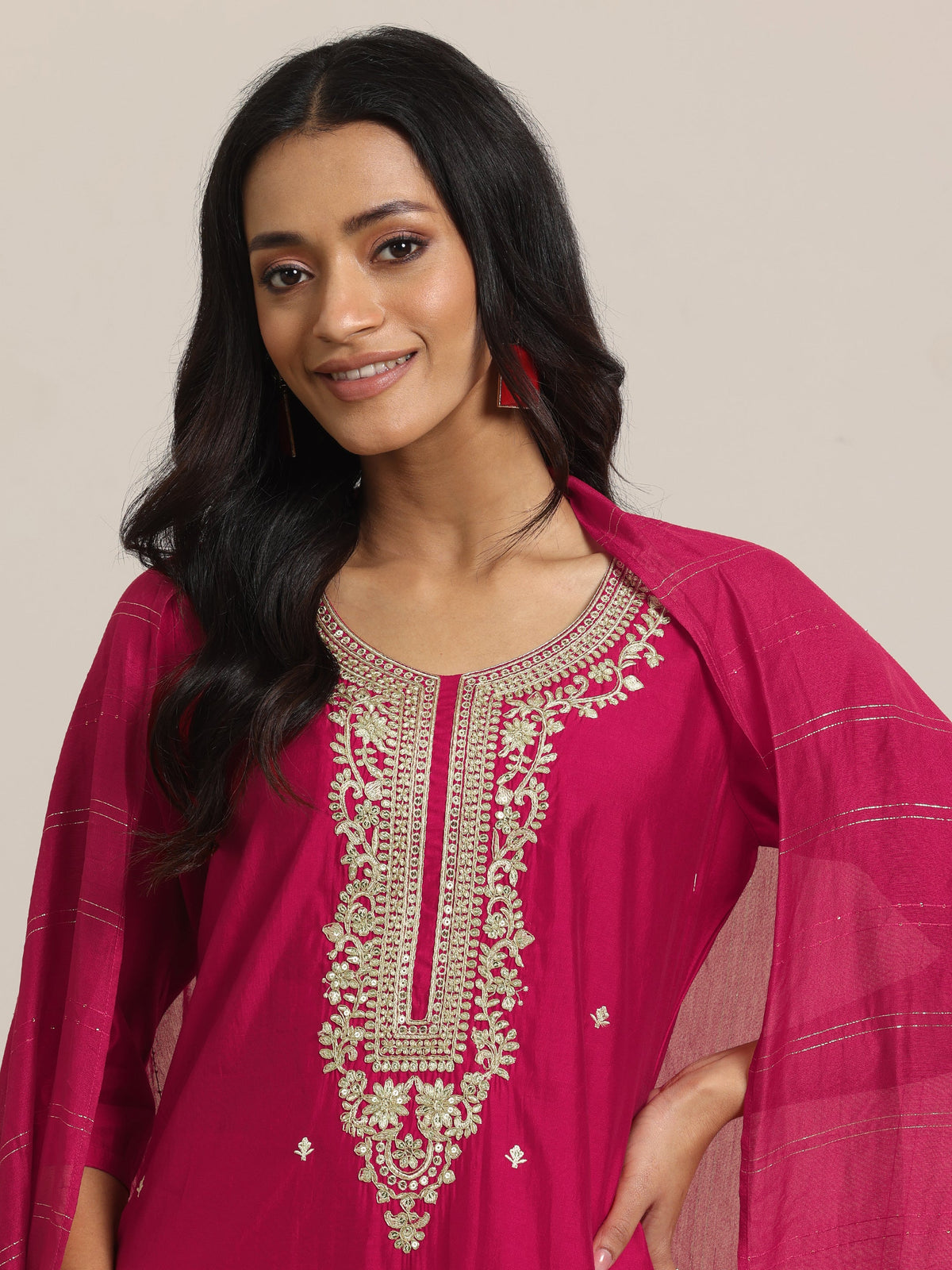 Anouk Pink Yoke Design Silk Blend Straight Suit With Dupatta