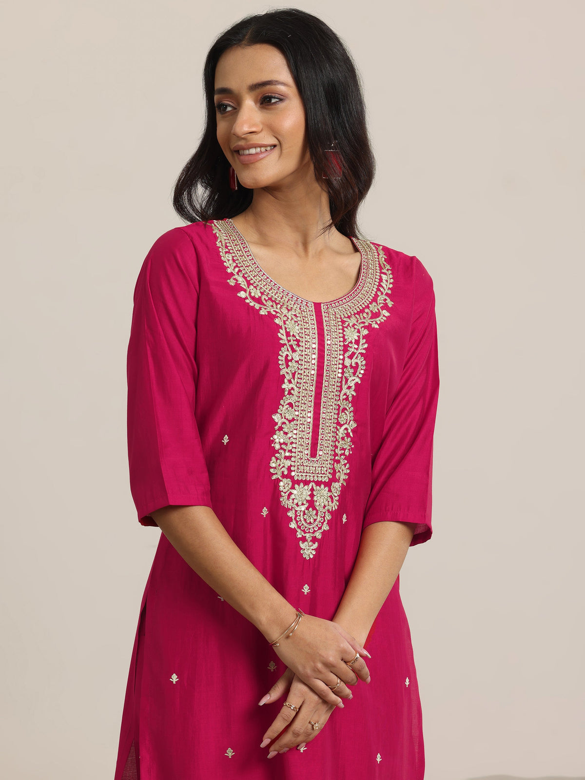 Anouk Pink Yoke Design Silk Blend Straight Suit With Dupatta