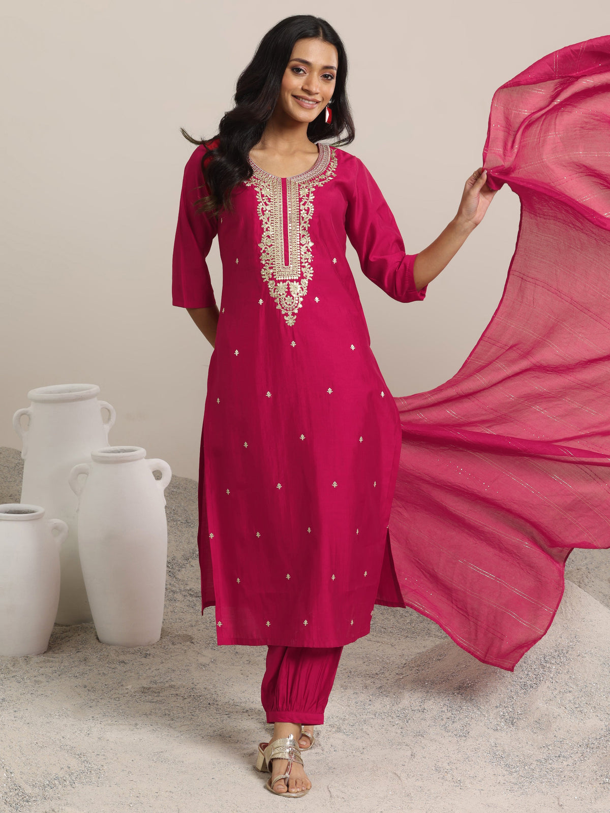 Anouk Pink Yoke Design Silk Blend Straight Suit With Dupatta