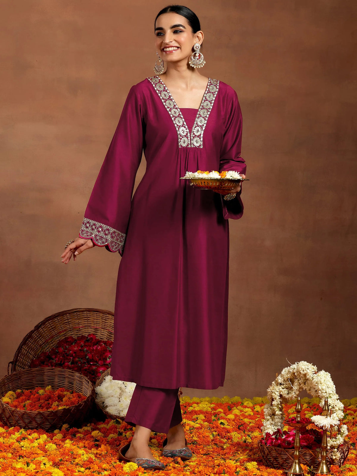 Anouk Maroon Yoke Design Silk Blend Straight Kurta Set