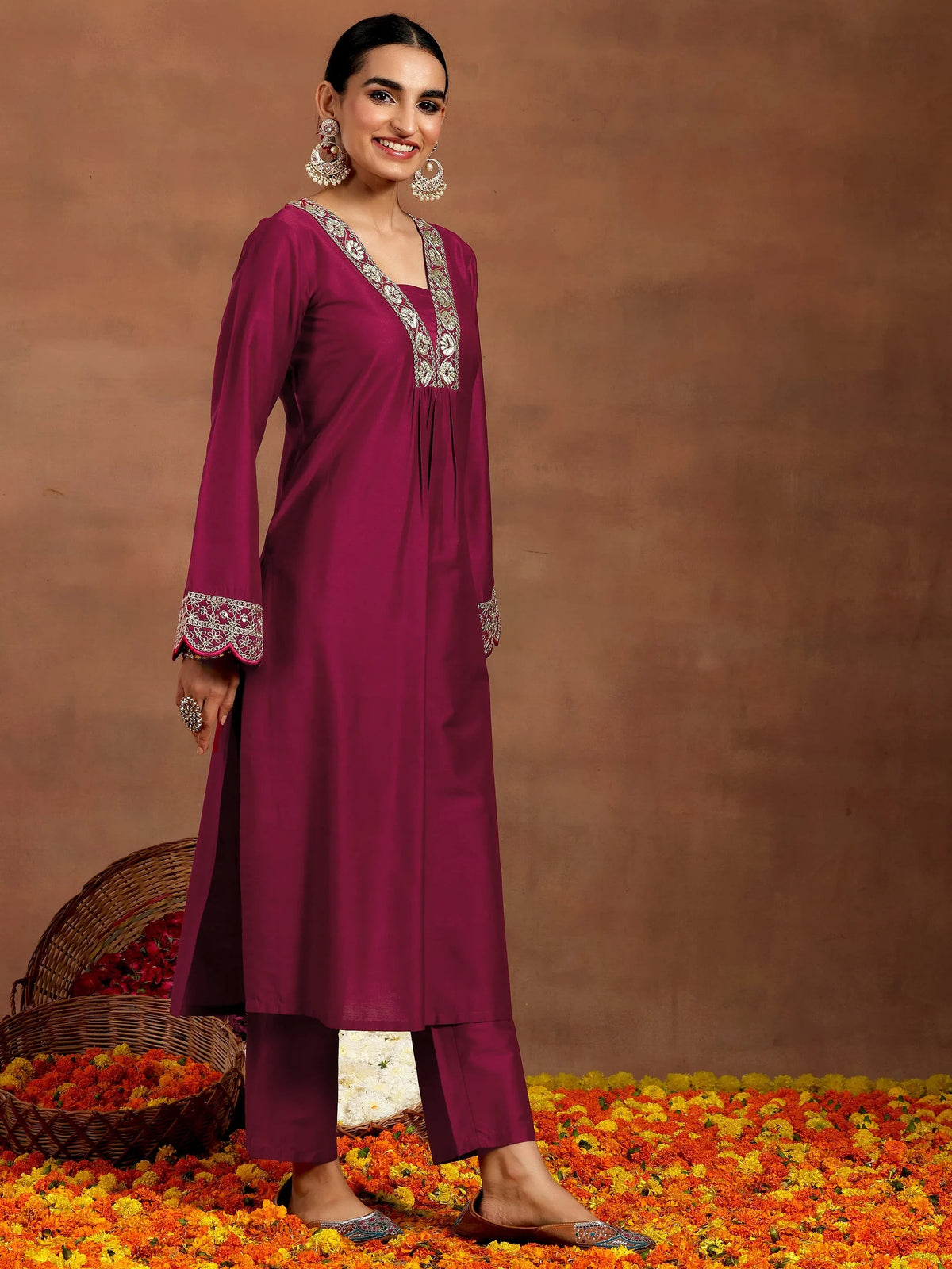 Anouk Maroon Yoke Design Silk Blend Straight Kurta Set