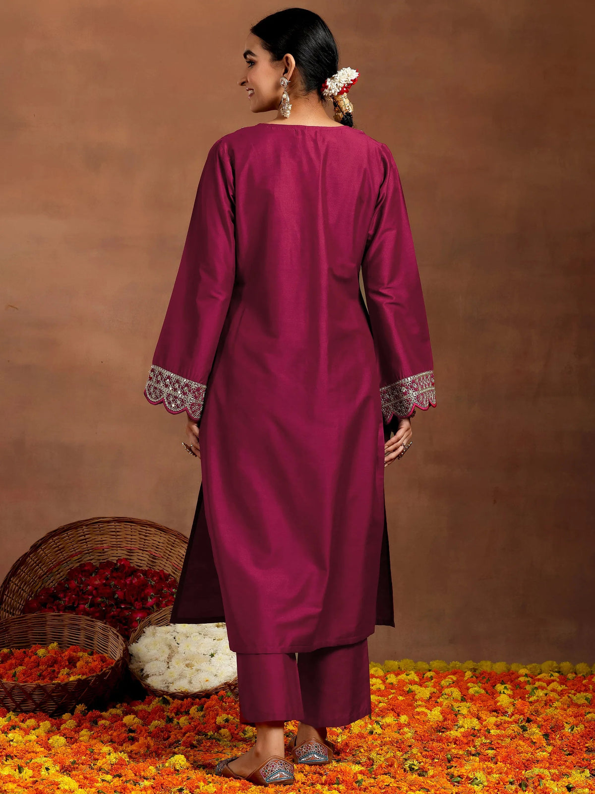 Anouk Maroon Yoke Design Silk Blend Straight Kurta Set