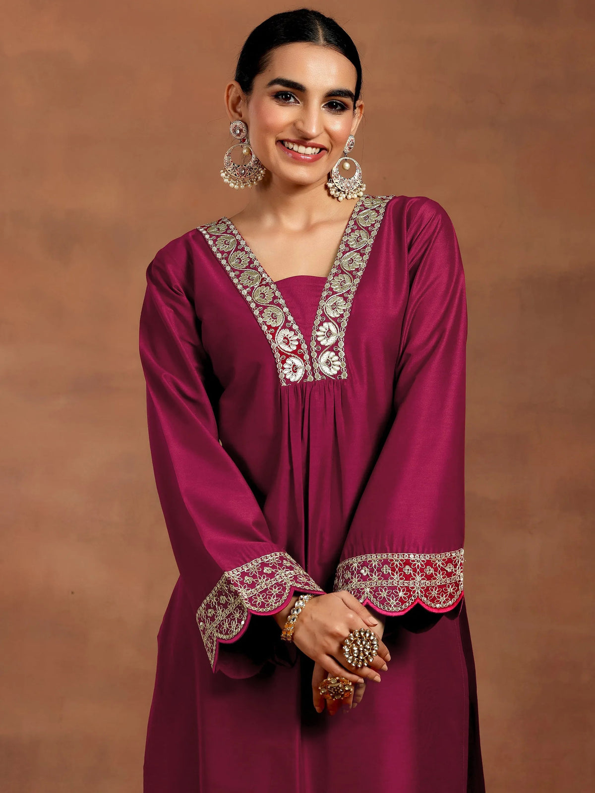 Anouk Maroon Yoke Design Silk Blend Straight Kurta Set