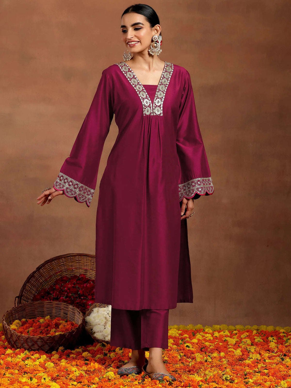 Anouk Maroon Yoke Design Silk Blend Straight Kurta Set