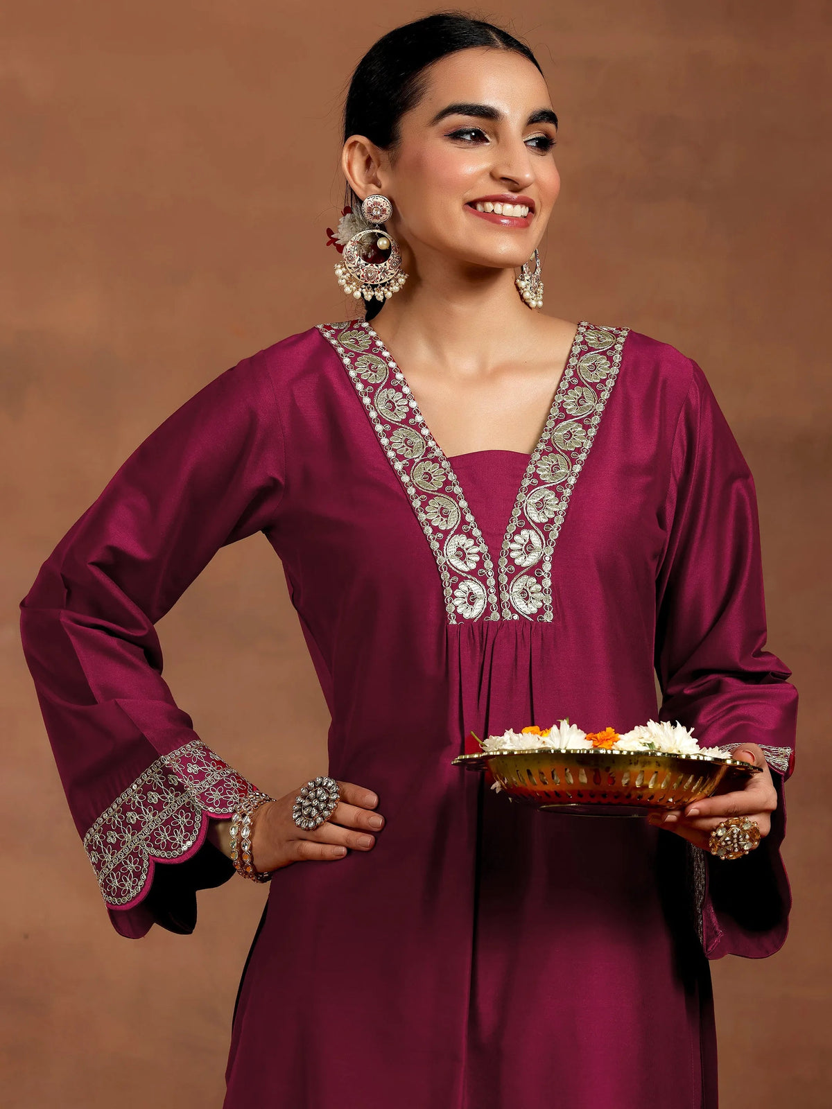 Anouk Maroon Yoke Design Silk Blend Straight Kurta Set
