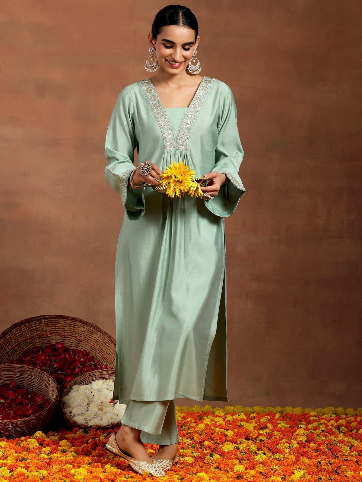 Anouk Green Yoke Design Silk Blend Straight Kurta Set