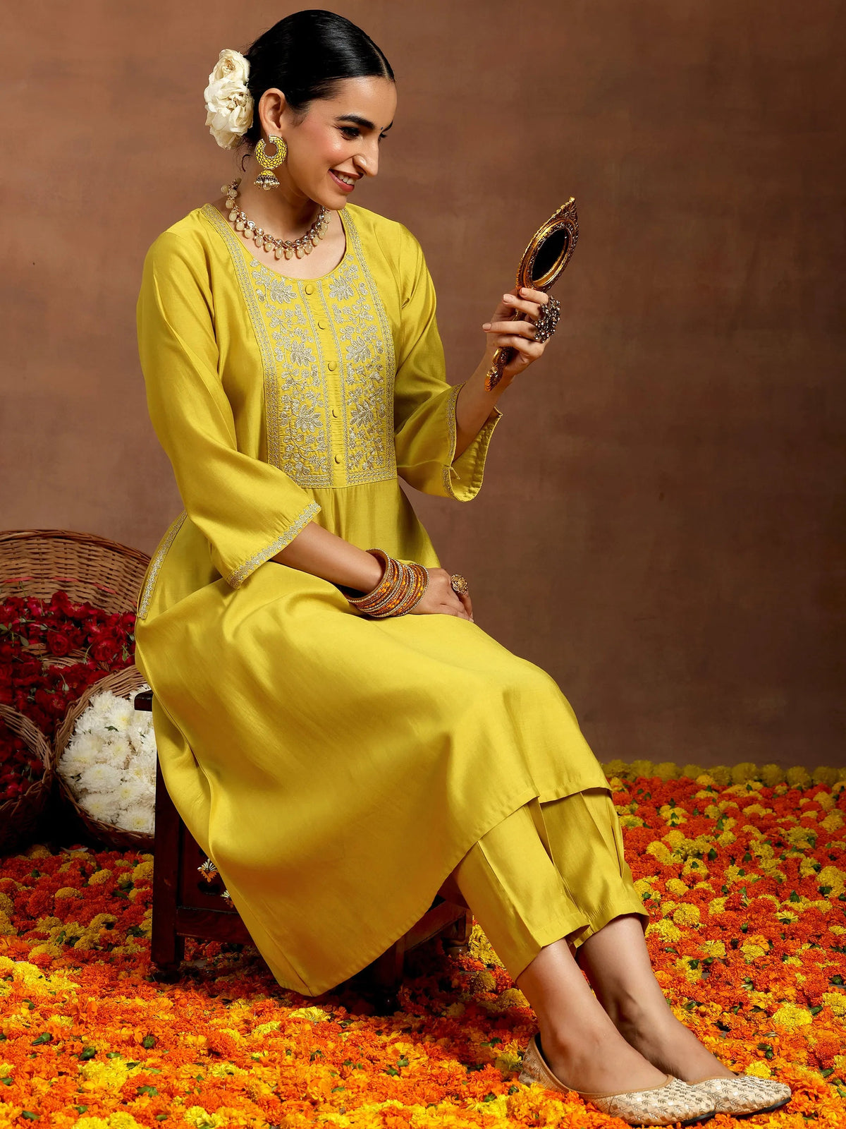 Anouk Mustard Yoke Design Silk Blend A-Line Kurta With Trousers