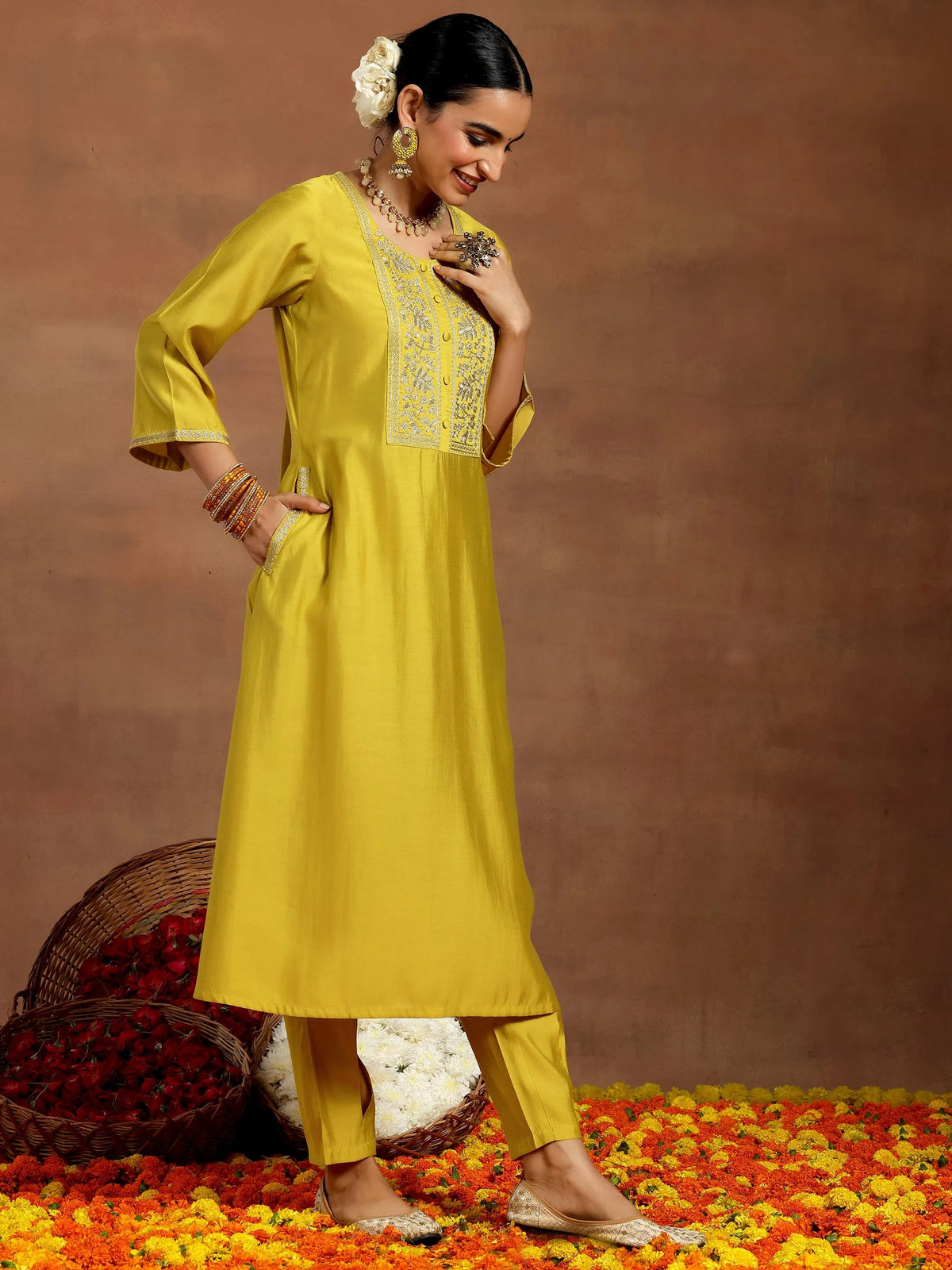 Anouk Mustard Yoke Design Silk Blend A-Line Kurta With Trousers