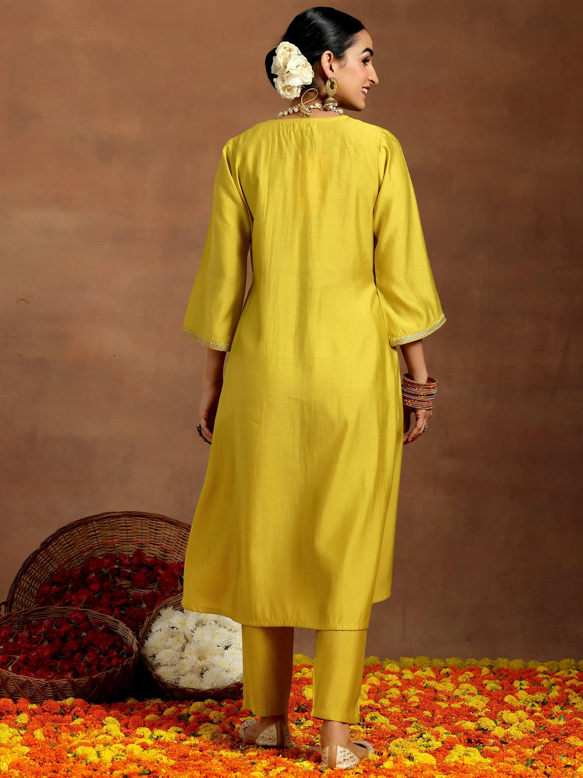 Anouk Mustard Yoke Design Silk Blend A-Line Kurta With Trousers