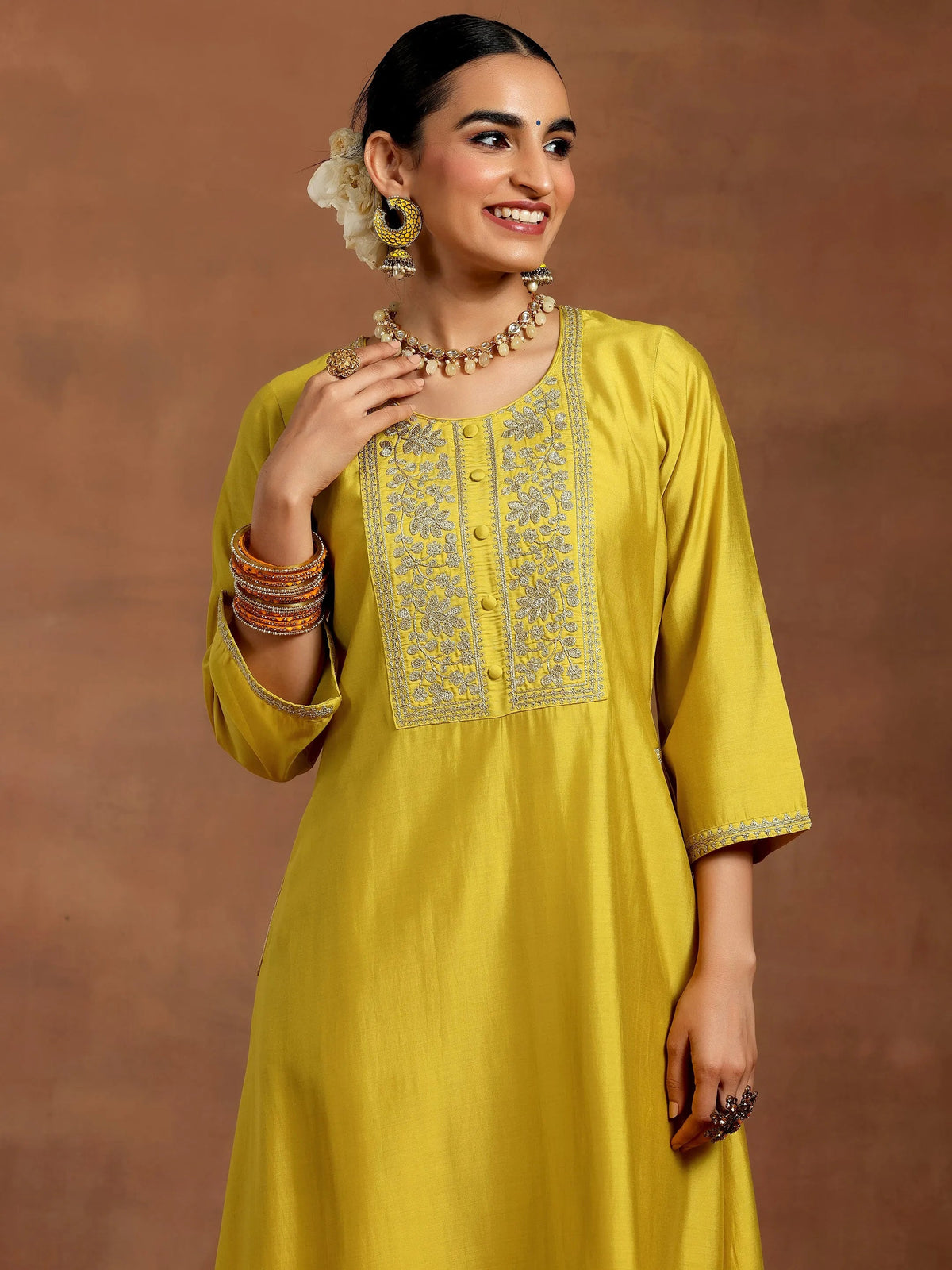 Anouk Mustard Yoke Design Silk Blend A-Line Kurta With Trousers