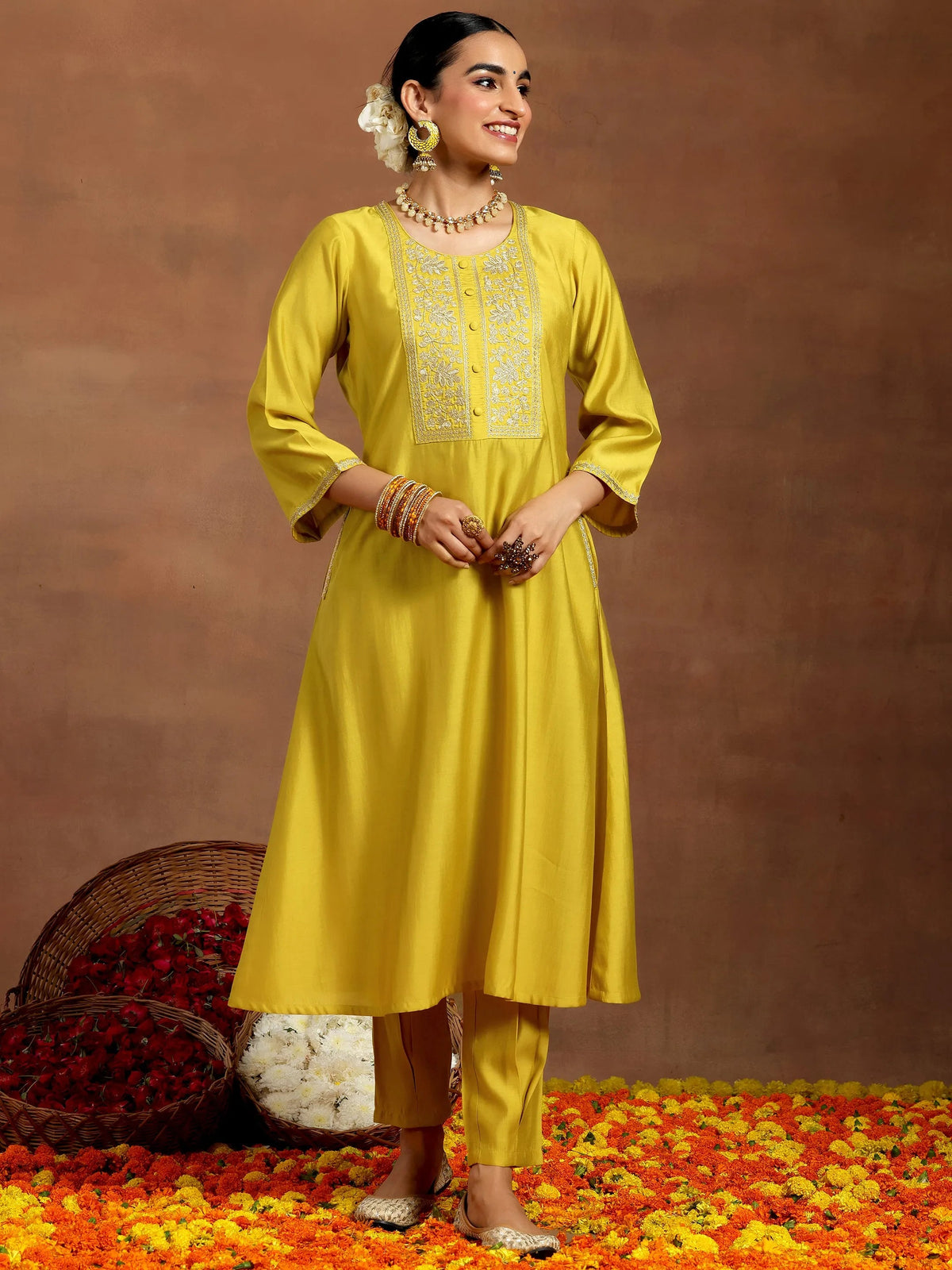 Anouk Mustard Yoke Design Silk Blend A-Line Kurta With Trousers