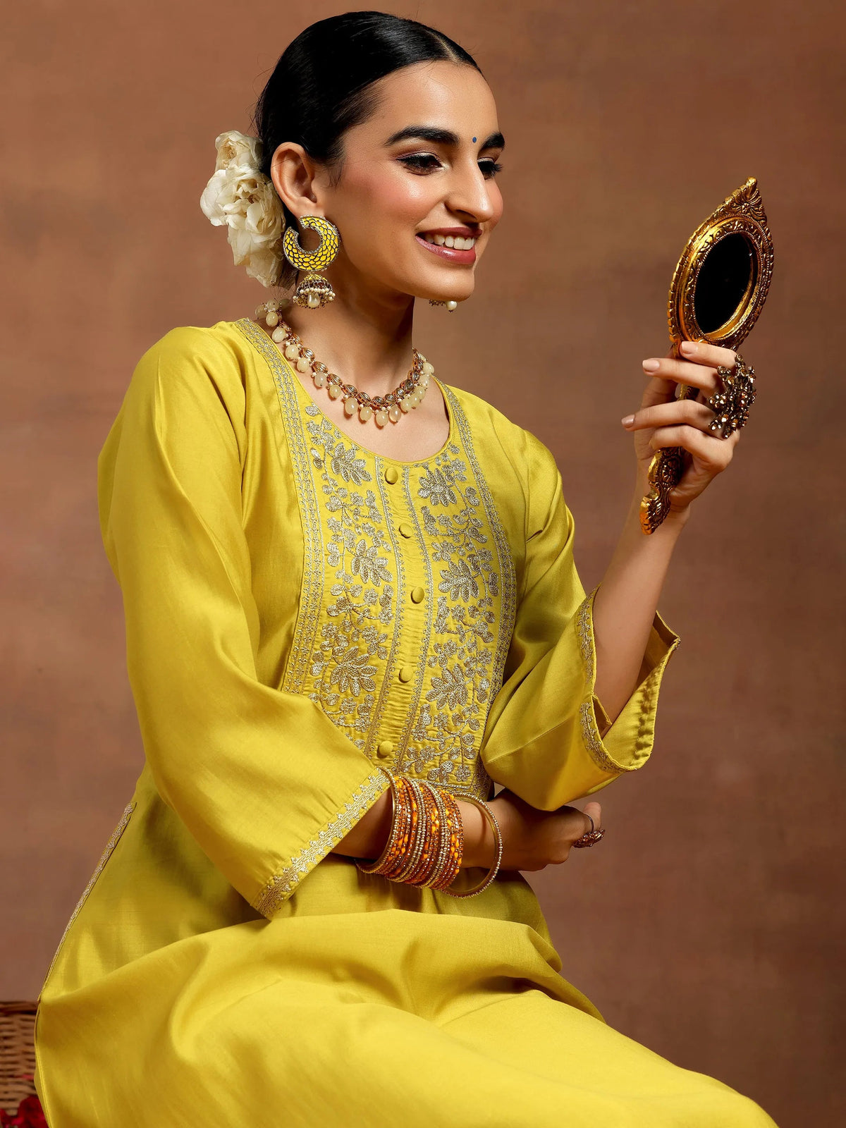 Anouk Mustard Yoke Design Silk Blend A-Line Kurta With Trousers