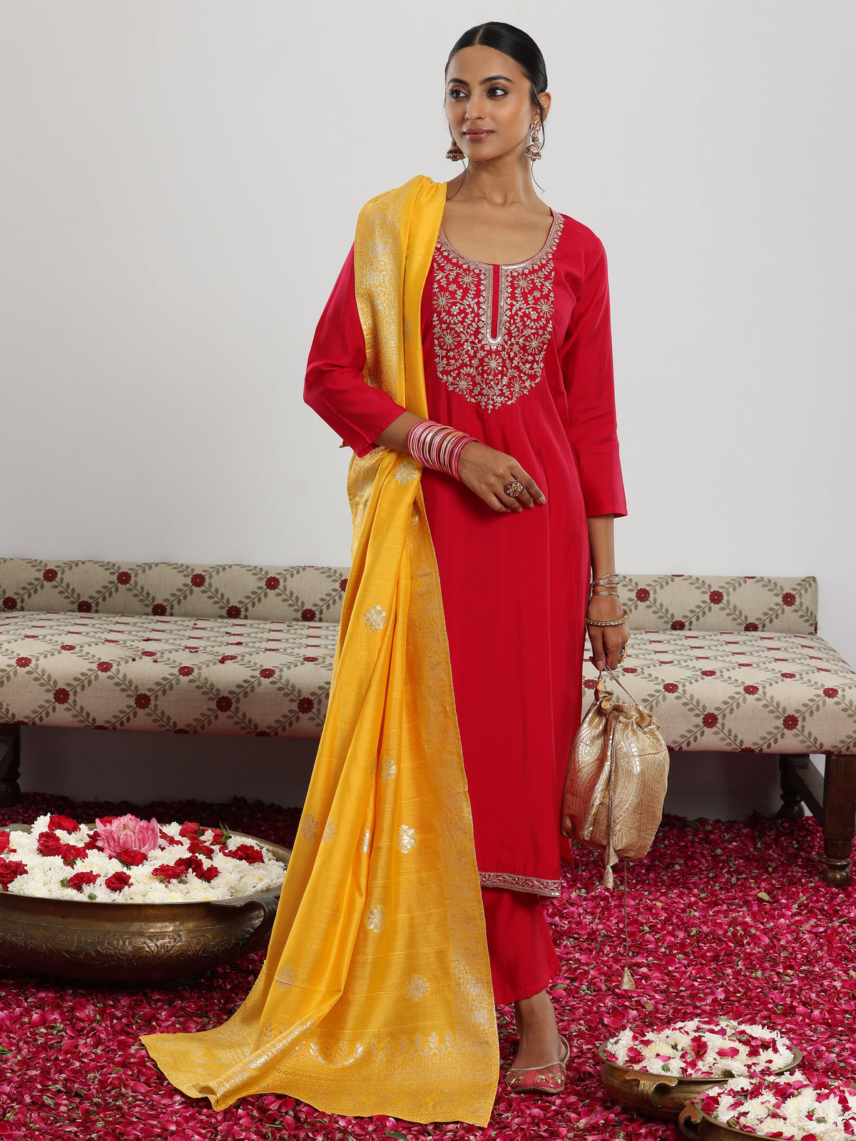 Anouk Maroon Yoke Design Silk Blend Straight Suit With Dupatta