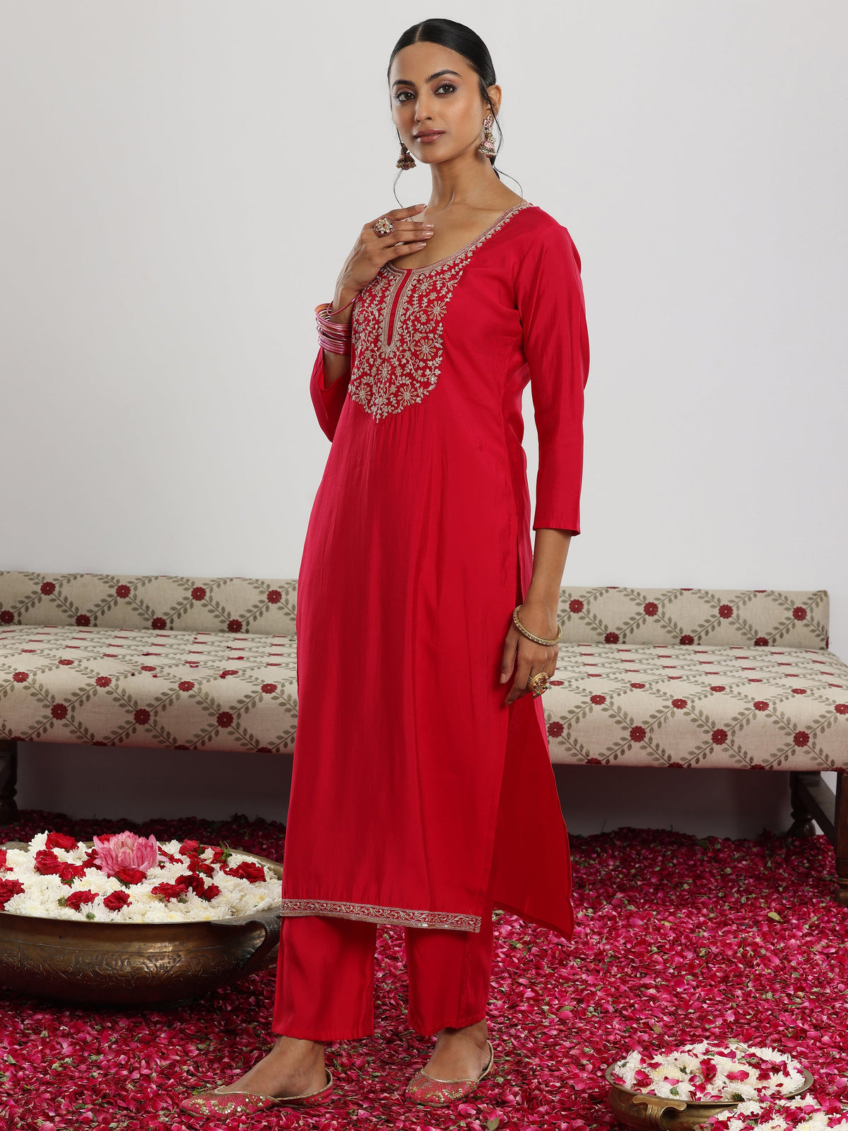 Anouk Maroon Yoke Design Silk Blend Straight Suit With Dupatta