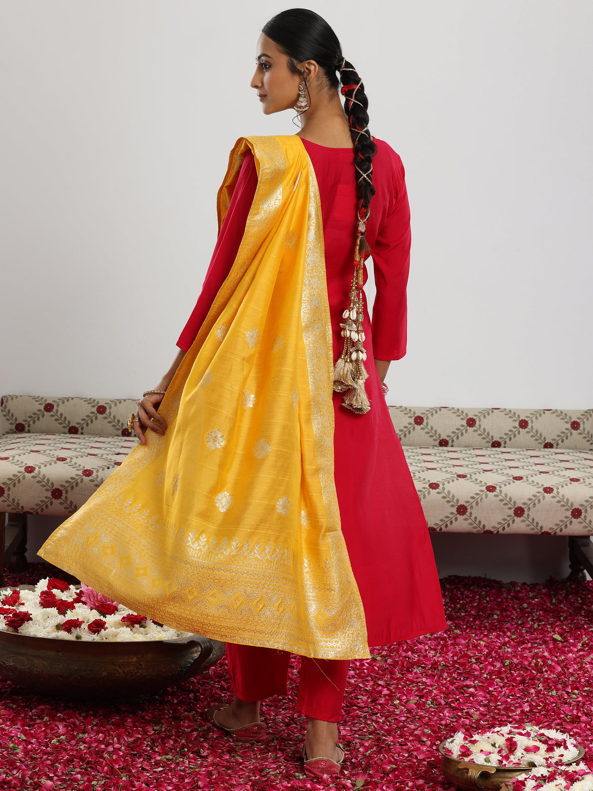 Anouk Maroon Yoke Design Silk Blend Straight Suit With Dupatta