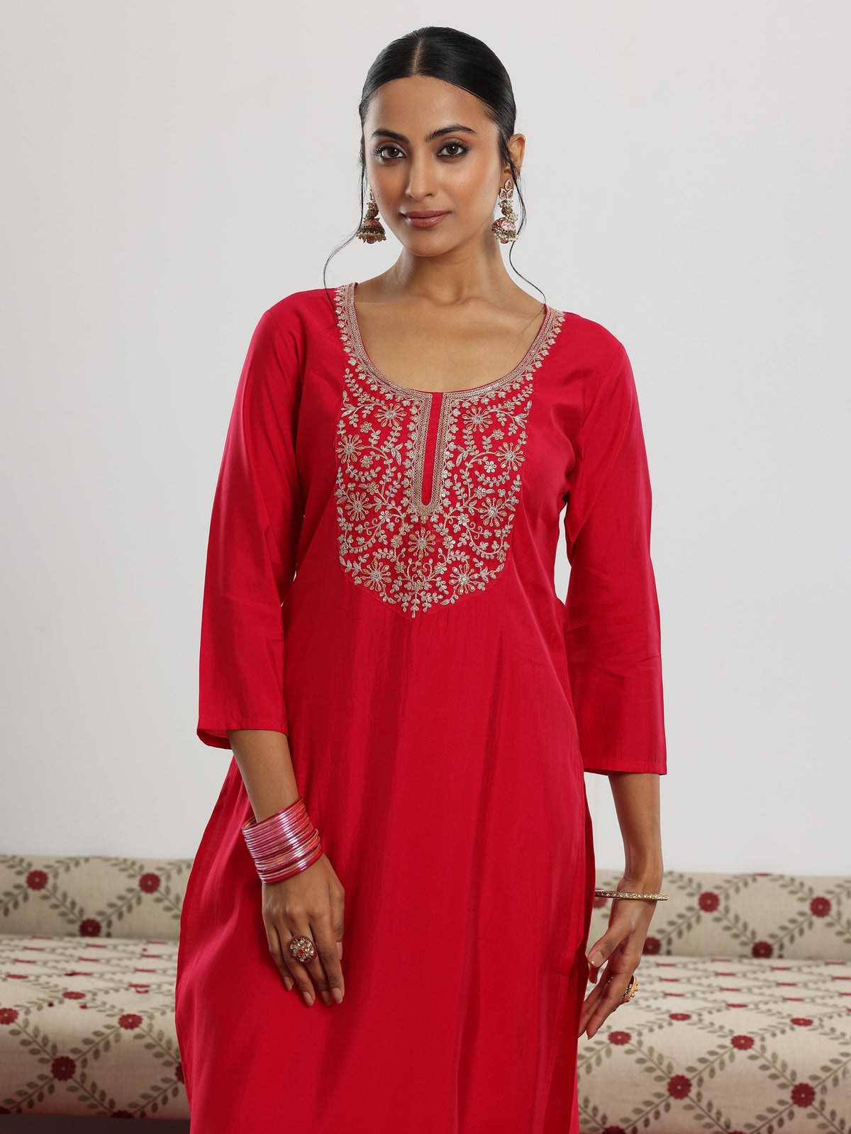 Anouk Maroon Yoke Design Silk Blend Straight Suit With Dupatta