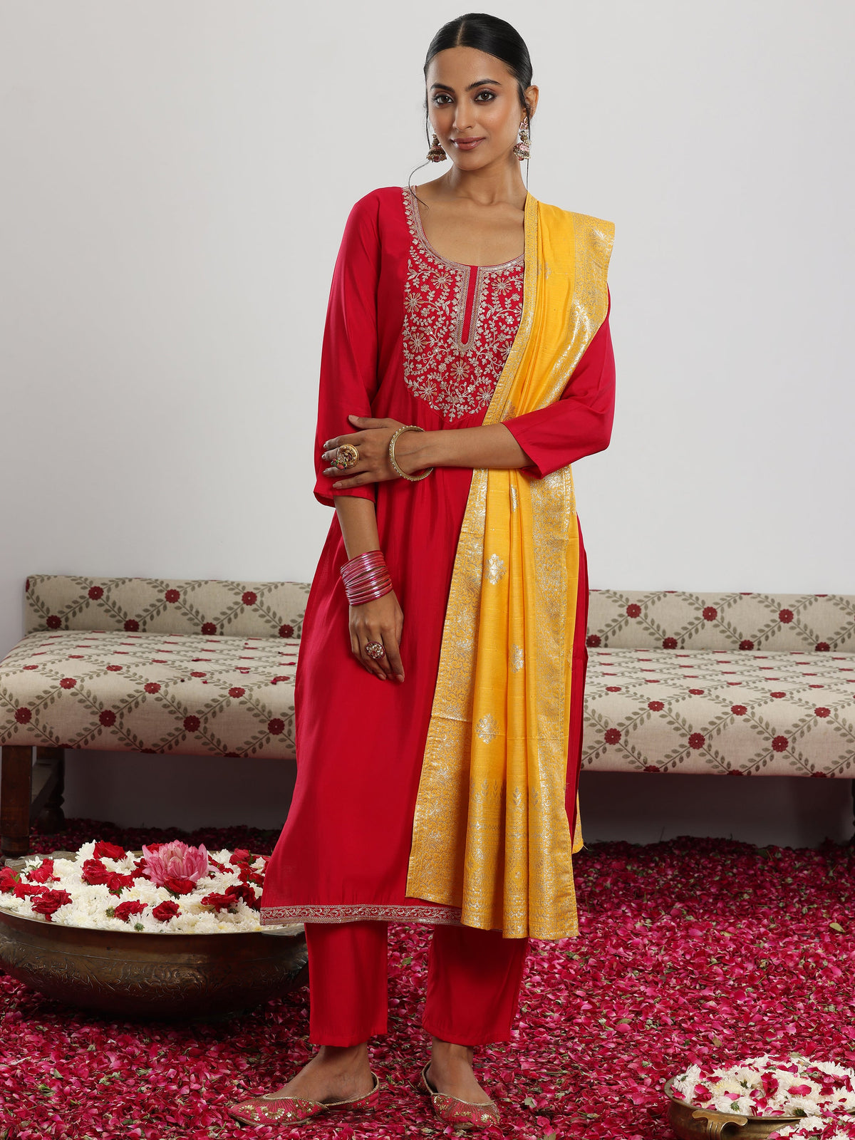 Anouk Maroon Yoke Design Silk Blend Straight Suit With Dupatta