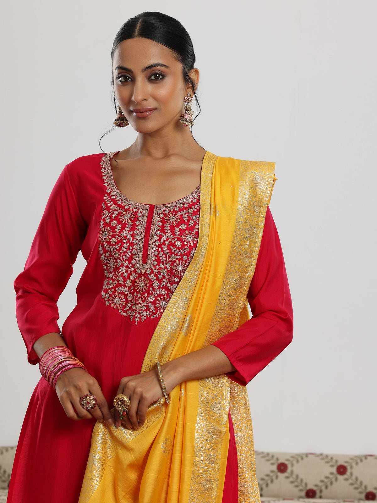 Anouk Maroon Yoke Design Silk Blend Straight Suit With Dupatta