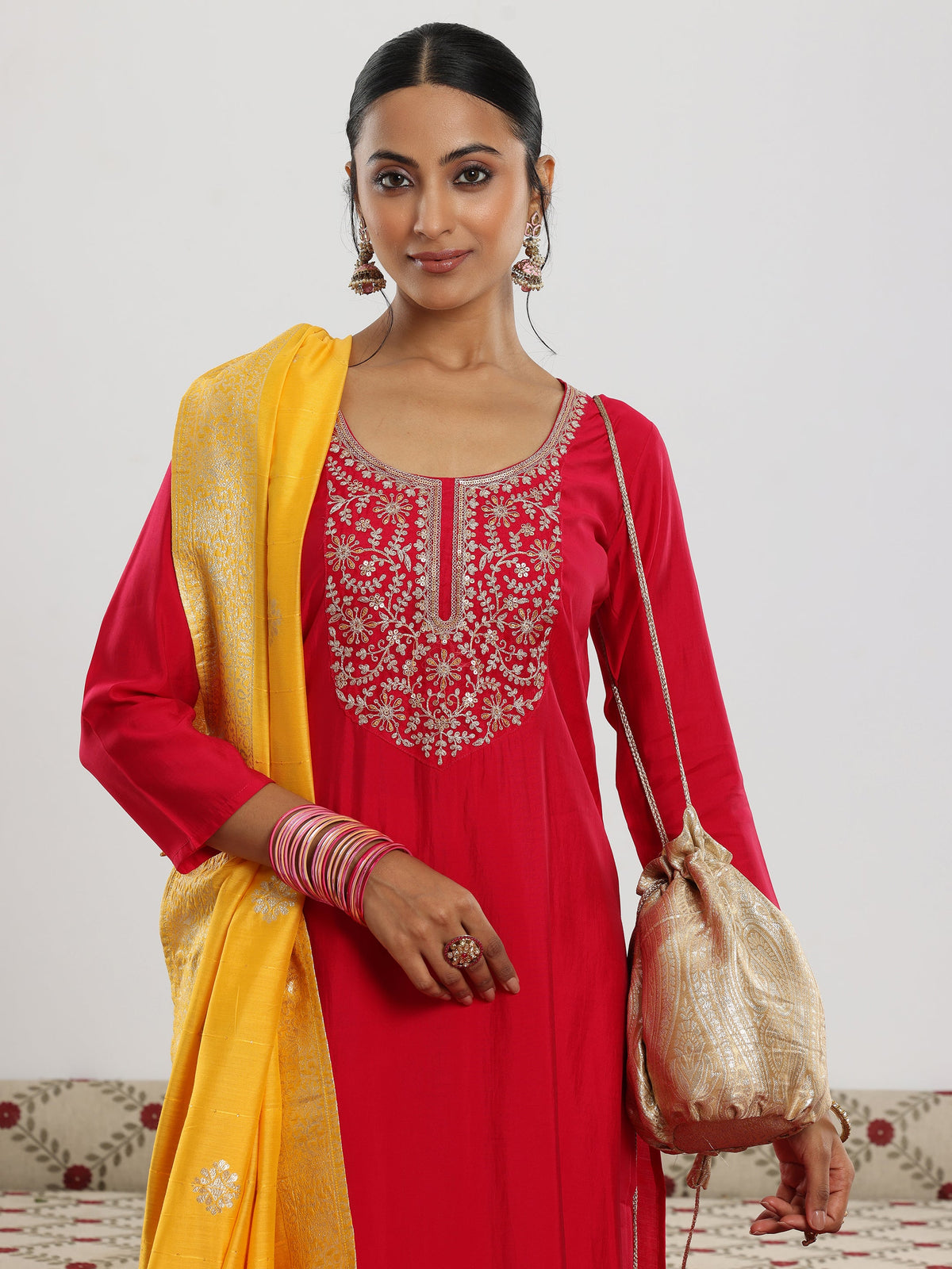 Anouk Maroon Yoke Design Silk Blend Straight Suit With Dupatta