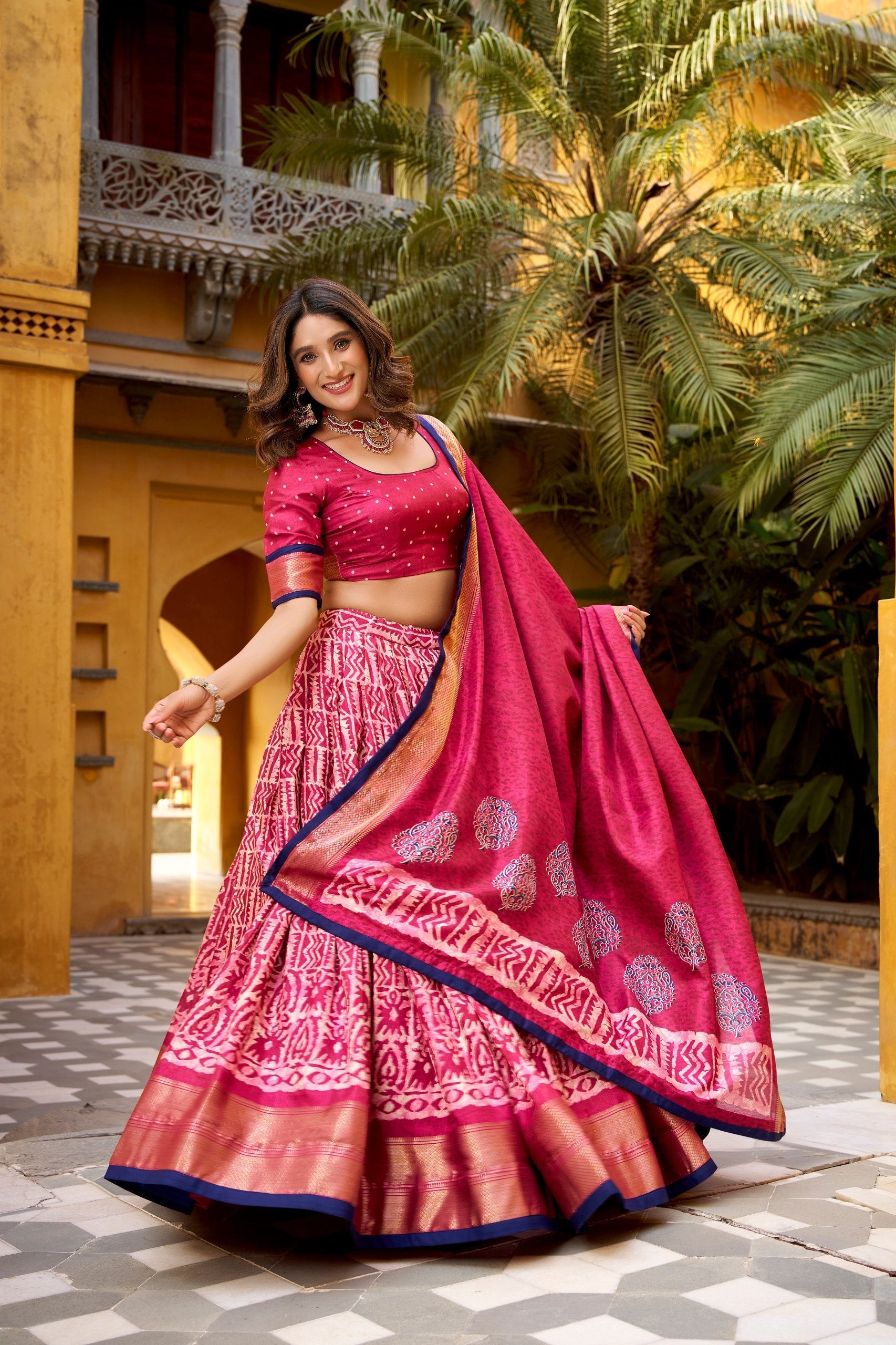 Gajari Dola Silk Batik Print Lehenga Choli Set with Zari Weaving & Matching Dupatta – Fully Stitched Designer Ethnic Wear