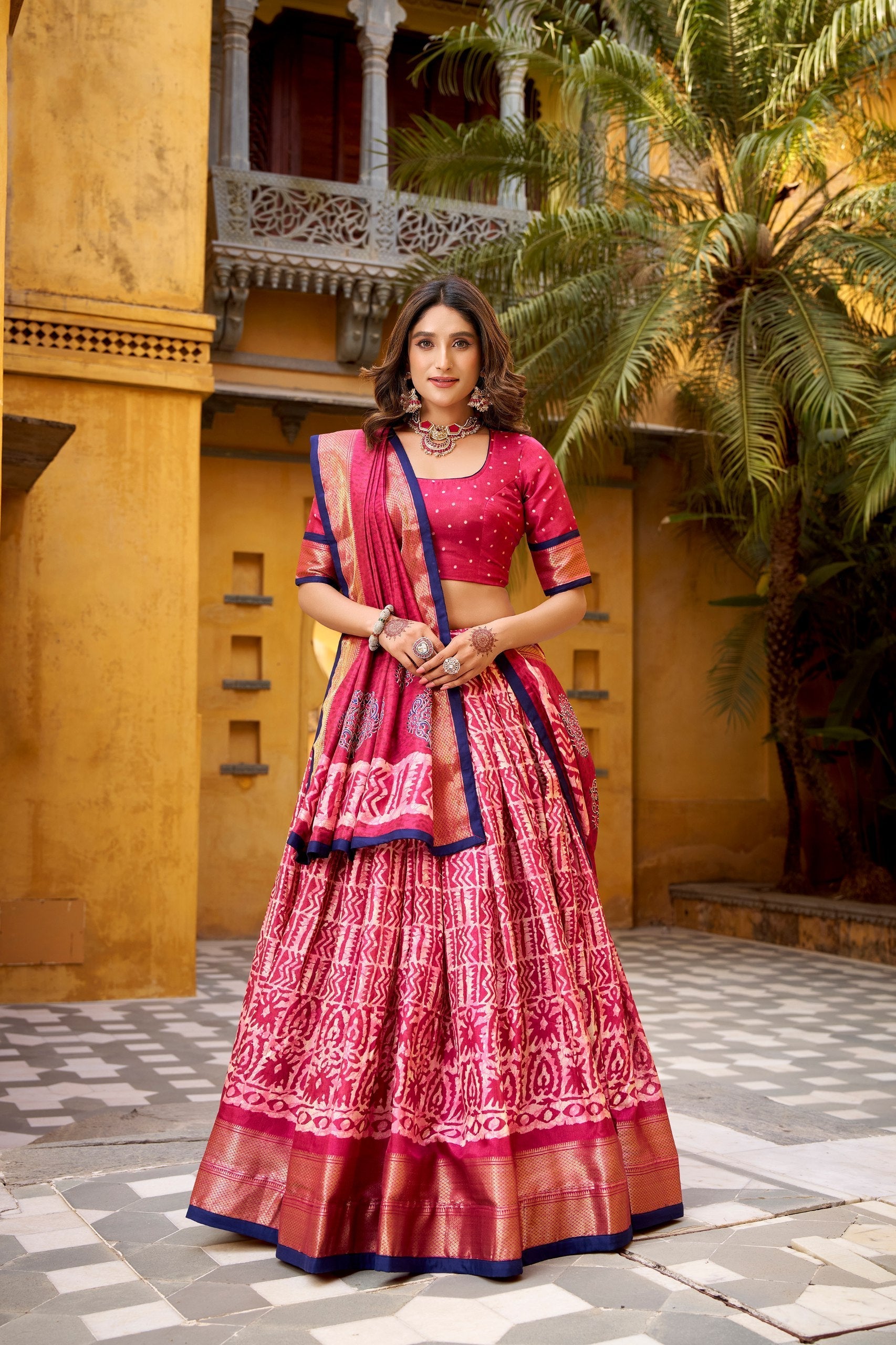 Gajari Dola Silk Batik Print Lehenga Choli Set with Zari Weaving & Matching Dupatta – Fully Stitched Designer Ethnic Wear
