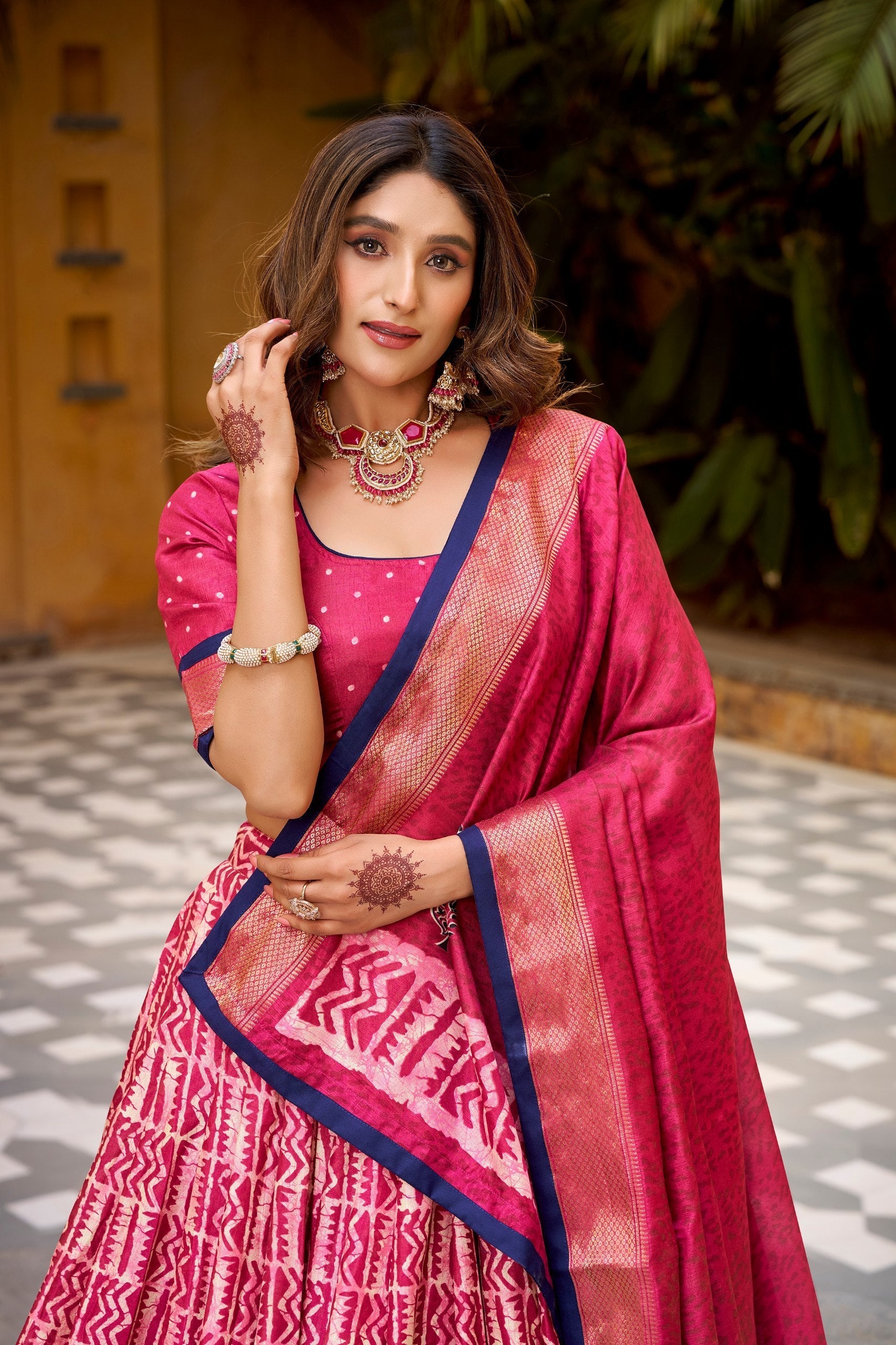 Gajari Dola Silk Batik Print Lehenga Choli Set with Zari Weaving & Matching Dupatta – Fully Stitched Designer Ethnic Wear