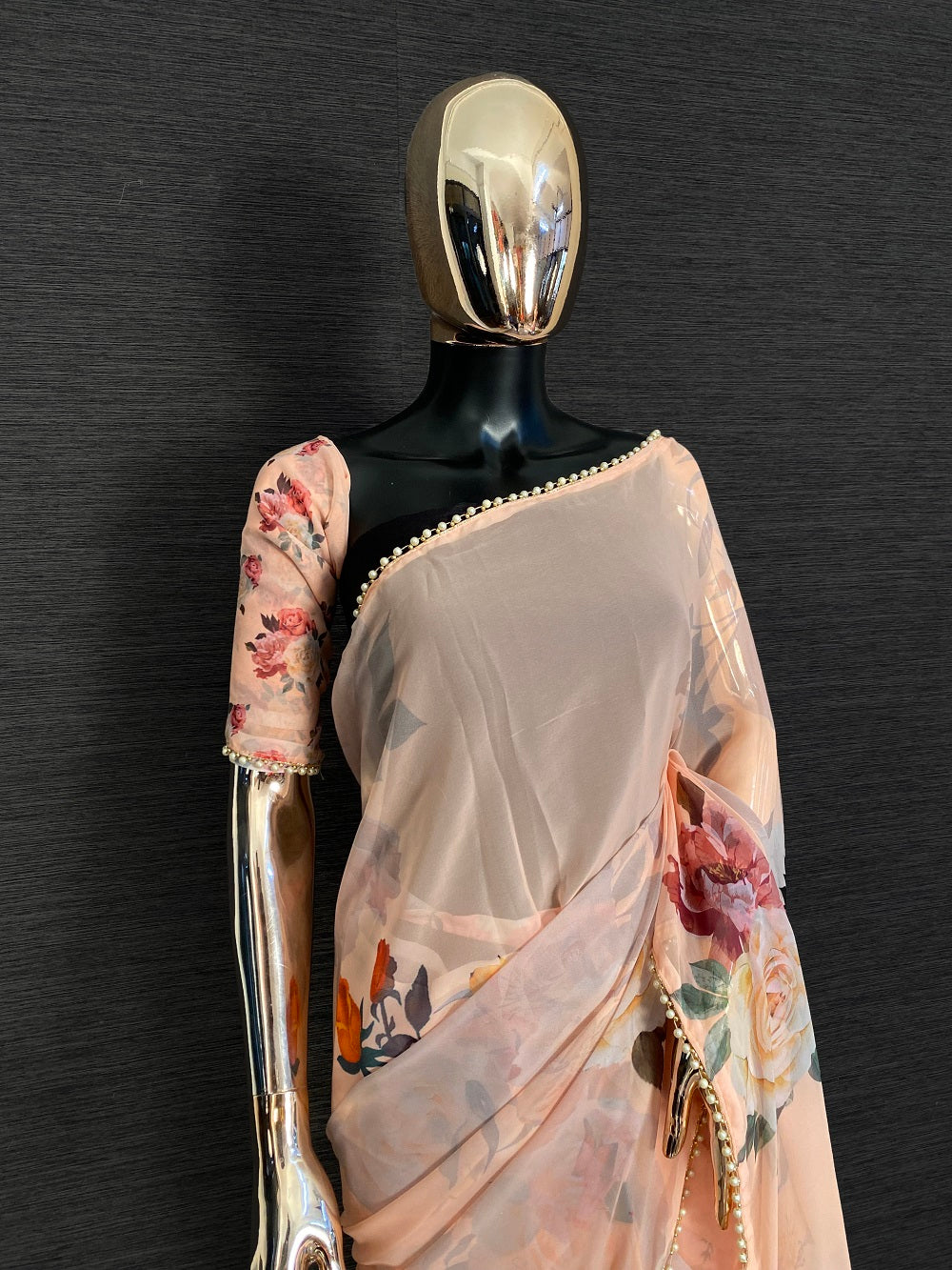 Peach Color Printed Pearl Lace Border Georgette Saree