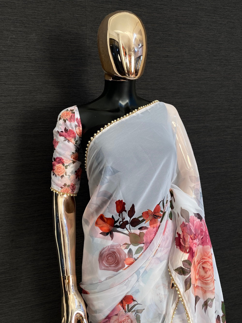 White Color Floral Digital Printed Georgette Saree With Pearl Lace Border