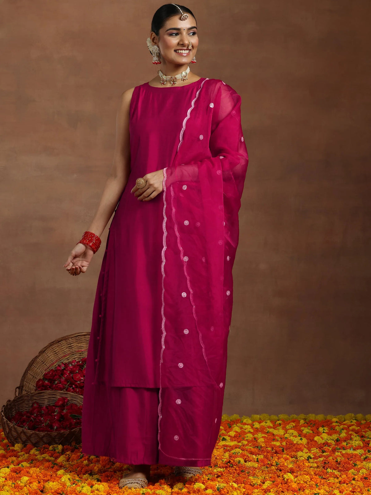 Anouk Pink Solid Silk Blend Straight Suit With Dupatta