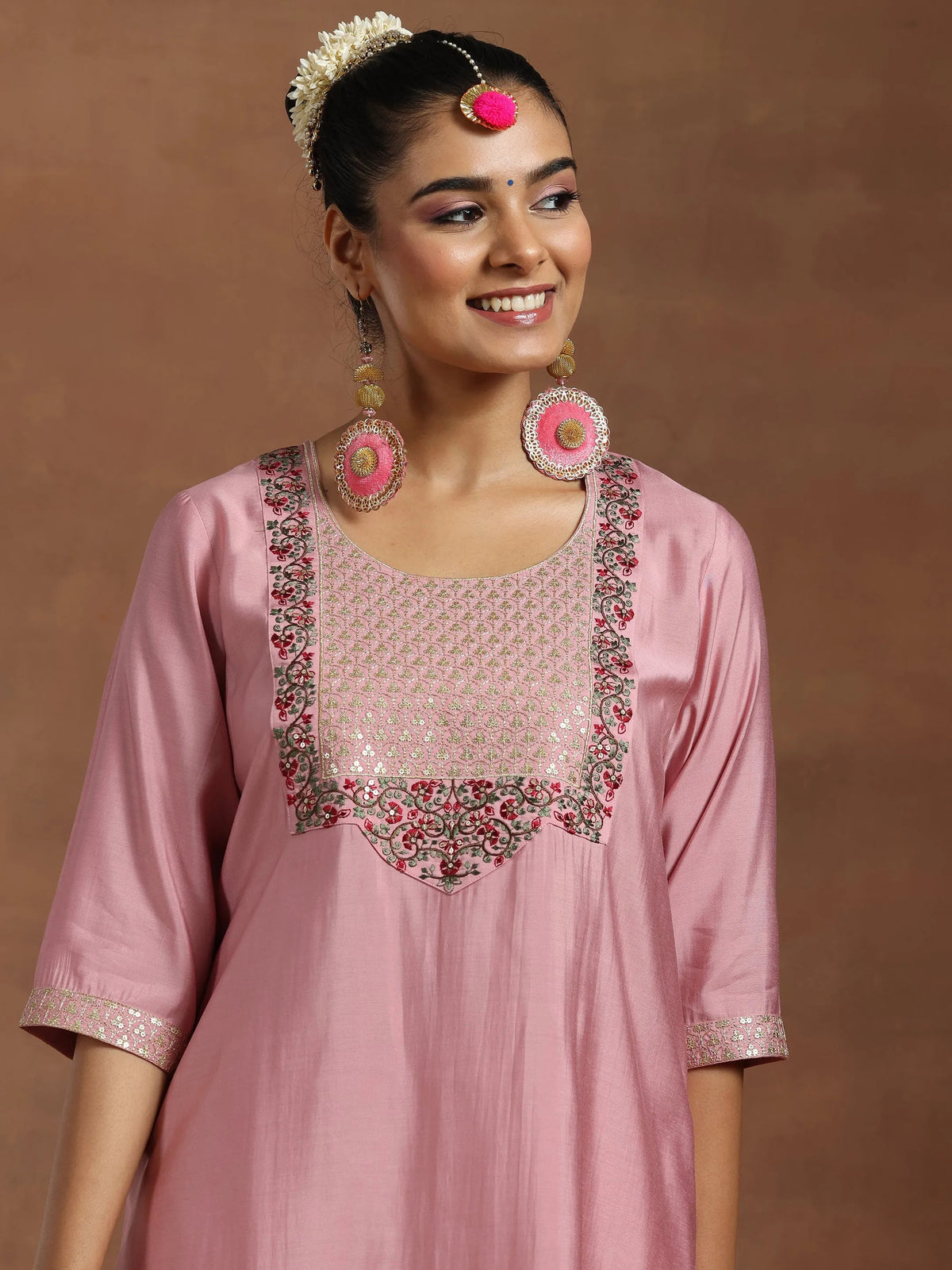 Anouk Pink Yoke Design Silk Blend Straight Suit With Dupatta
