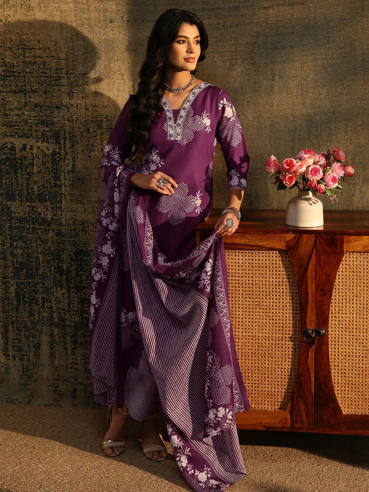 Anouk Burgundy Bandhani Cotton Blend Straight Suit Set