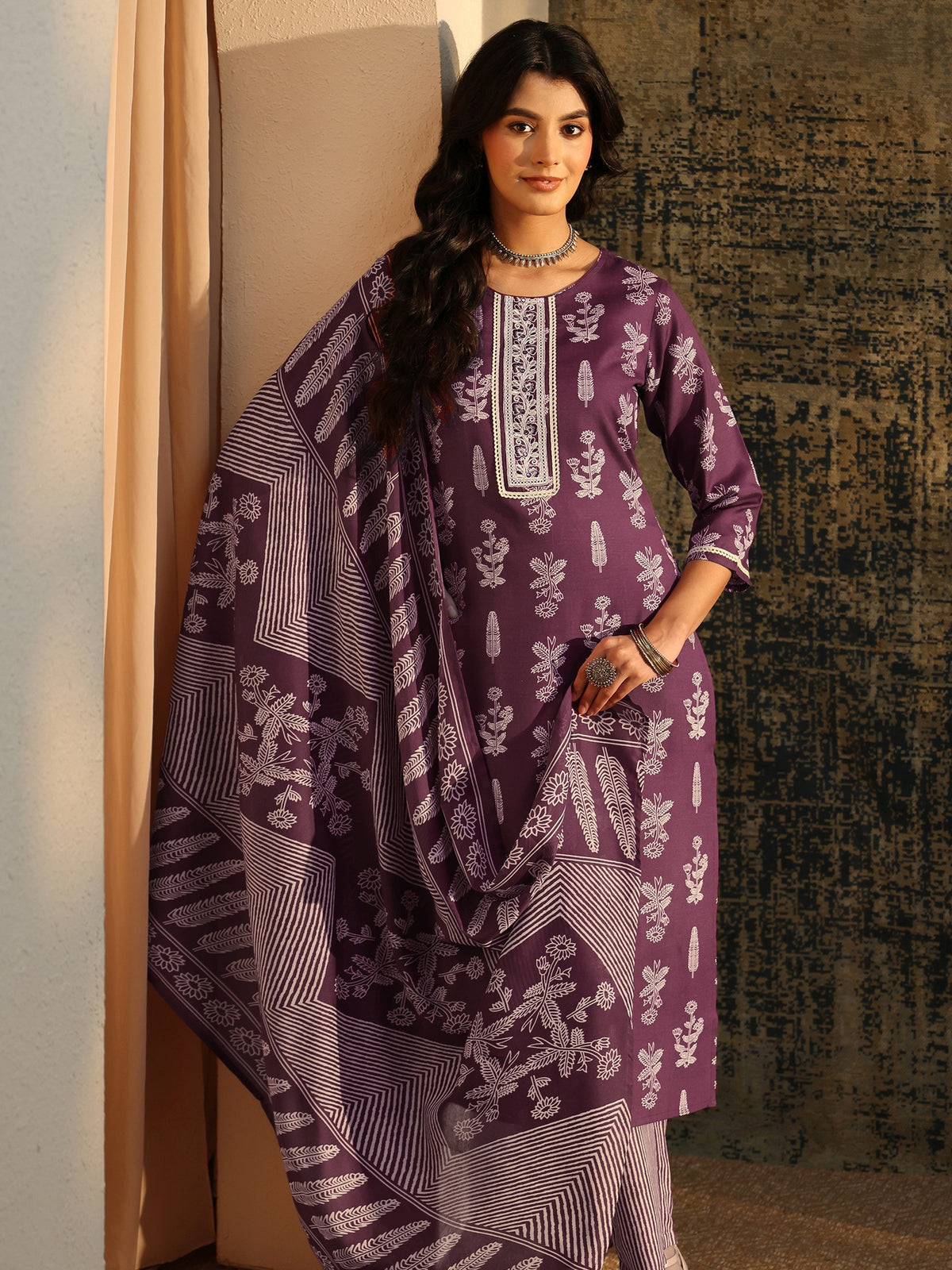 Anouk Burgundy Floral Printed Cotton Blend Straight Suit Set