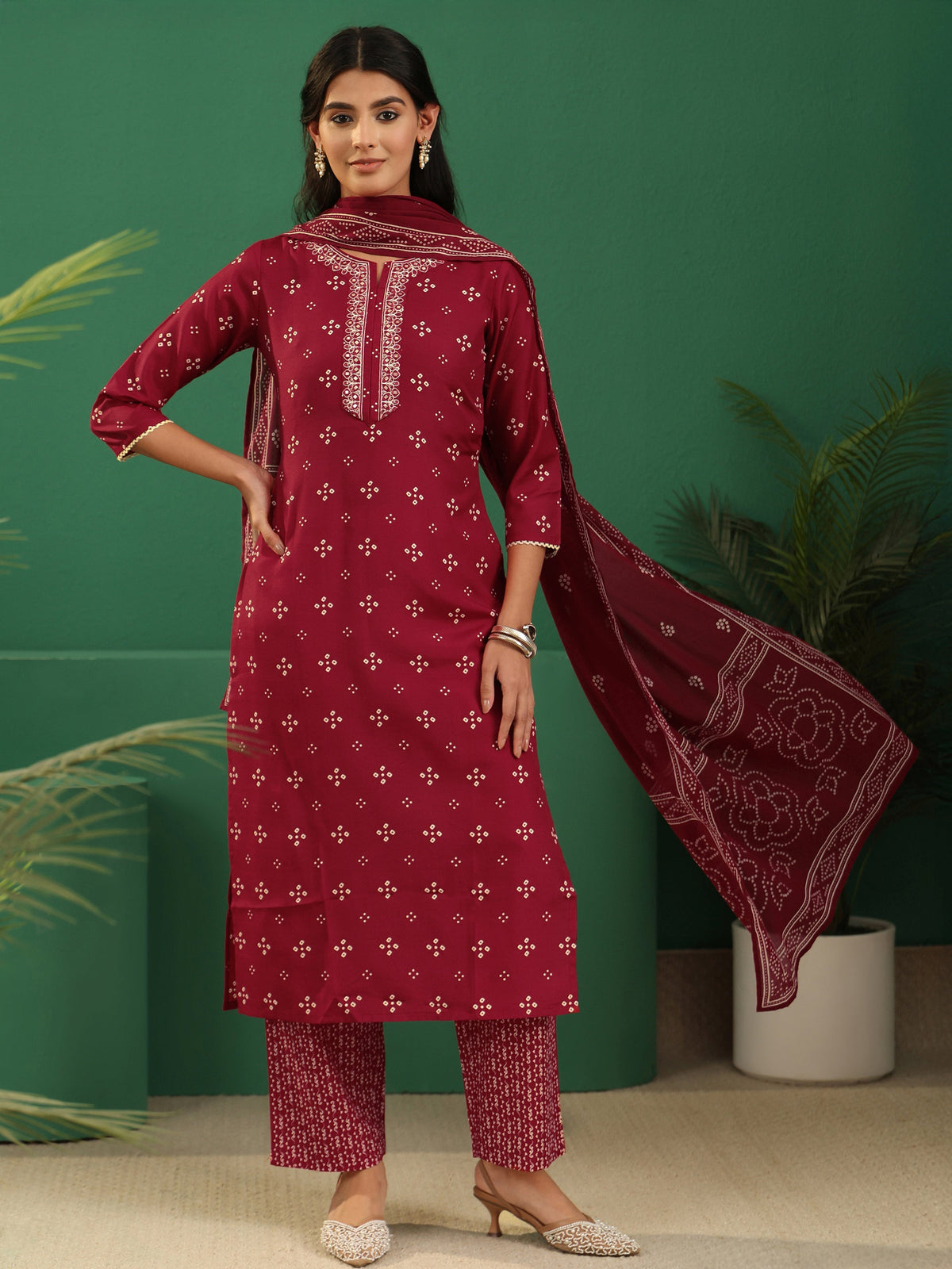 Anouk Crimson Red Bandhani Cotton Blend Straight Suit Set