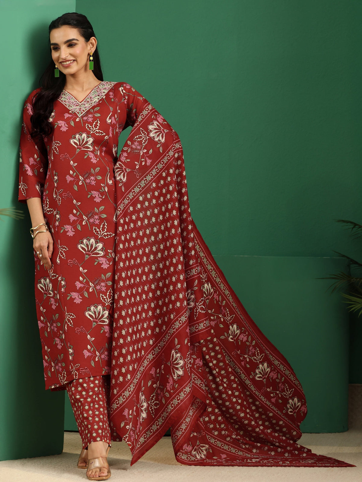 Anouk Crimson Red Floral Printed Cotton Blend A-Line Suit Set