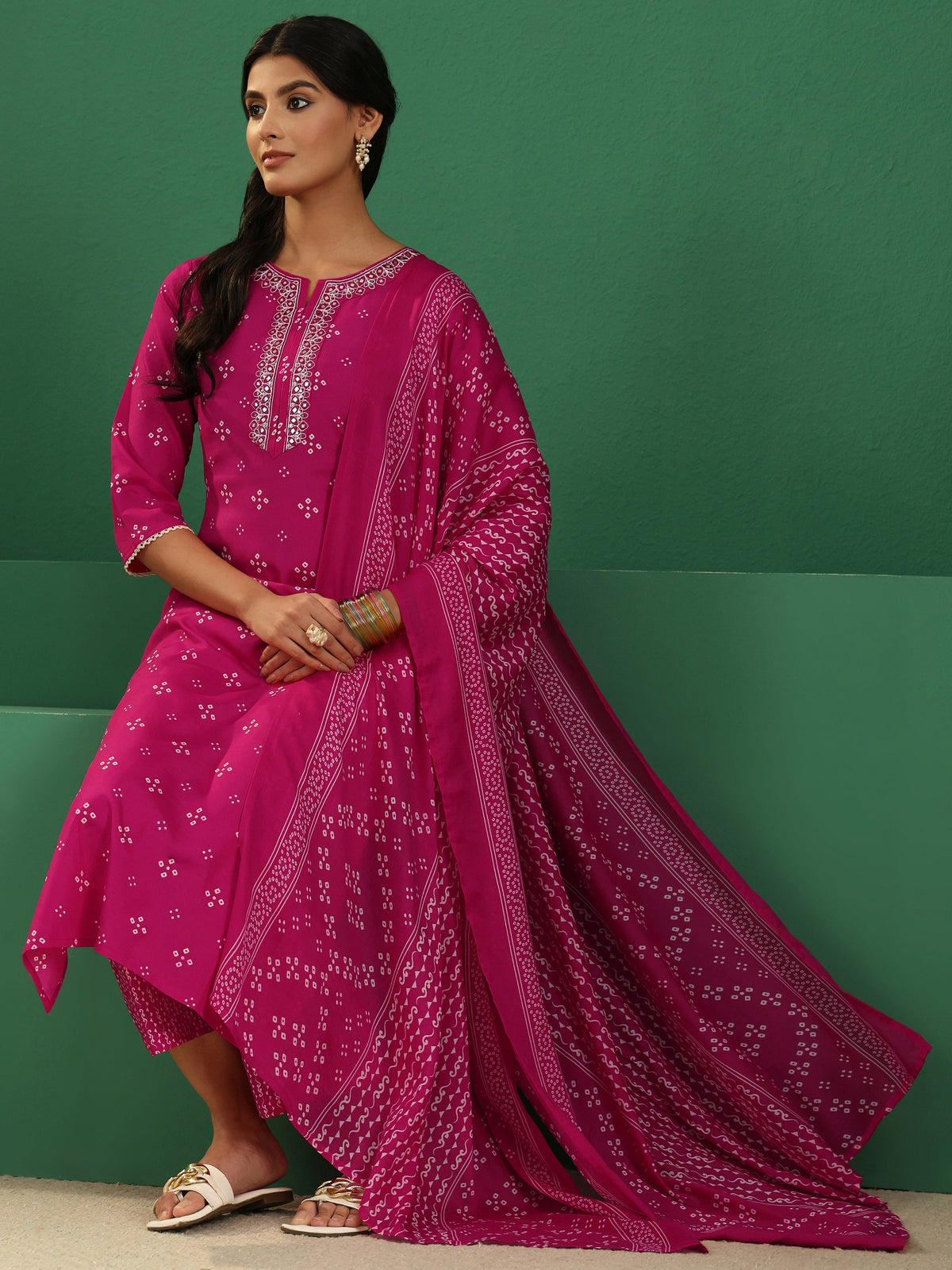 Anouk Magenta Pink Bandhani Cotton Blend Straight Suit Set