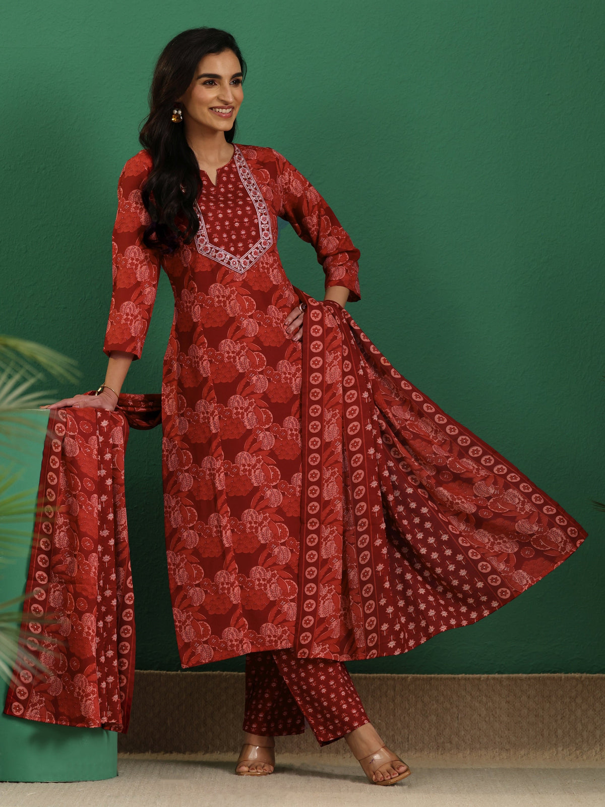 Anouk Maroon Floral Printed Cotton Blend A-Line Suit Set